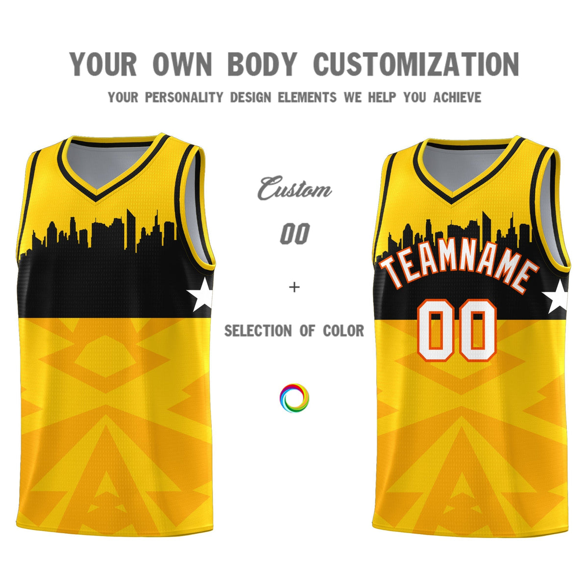 Custom Gold Personalized City Silhouette Pattern Sports Uniform Basketball Jersey|KXKSHOP