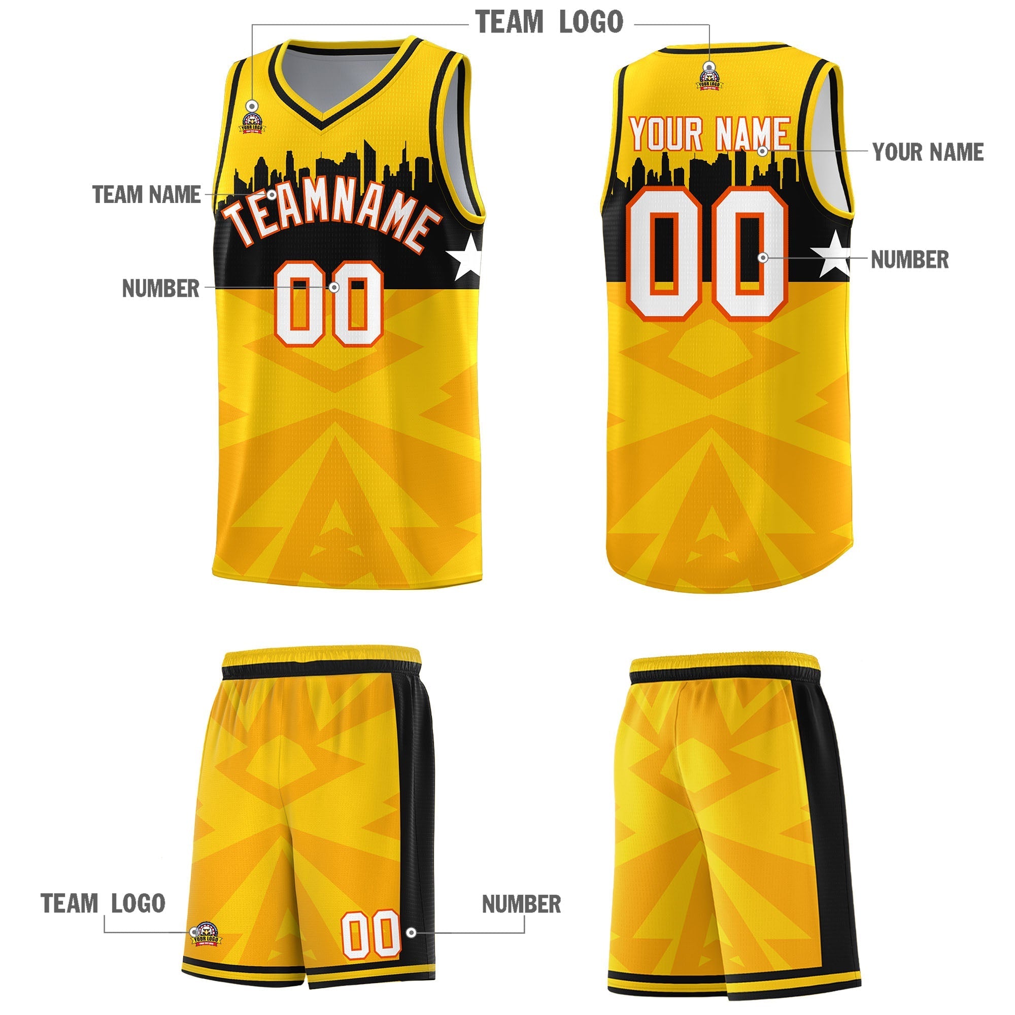 Custom Gold Personalized City Silhouette Pattern Sports Uniform Basketball Jersey|KXKSHOP