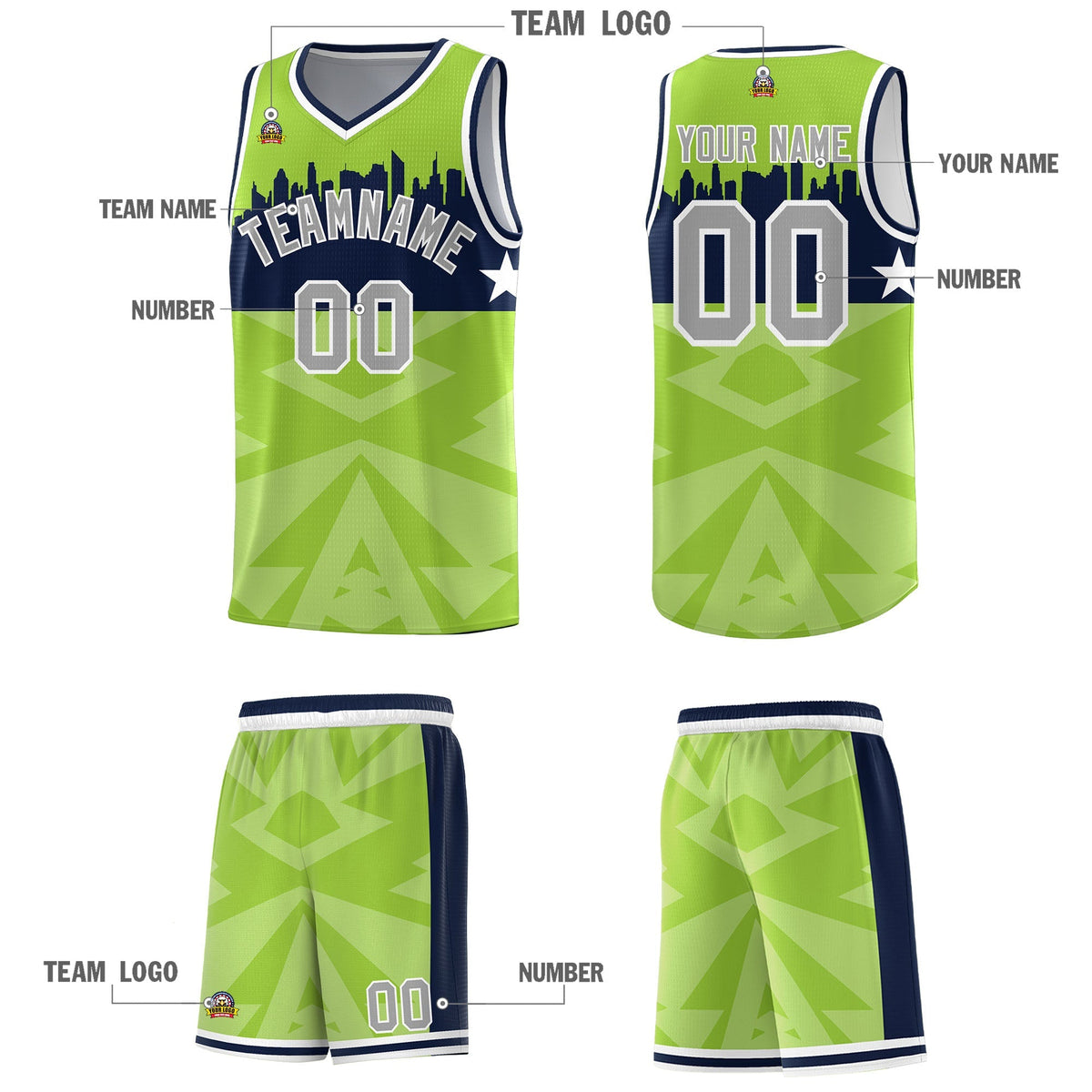 Custom Neon Green Personalized City Silhouette Pattern Sports Uniform Basketball Jersey|KXKSHOP