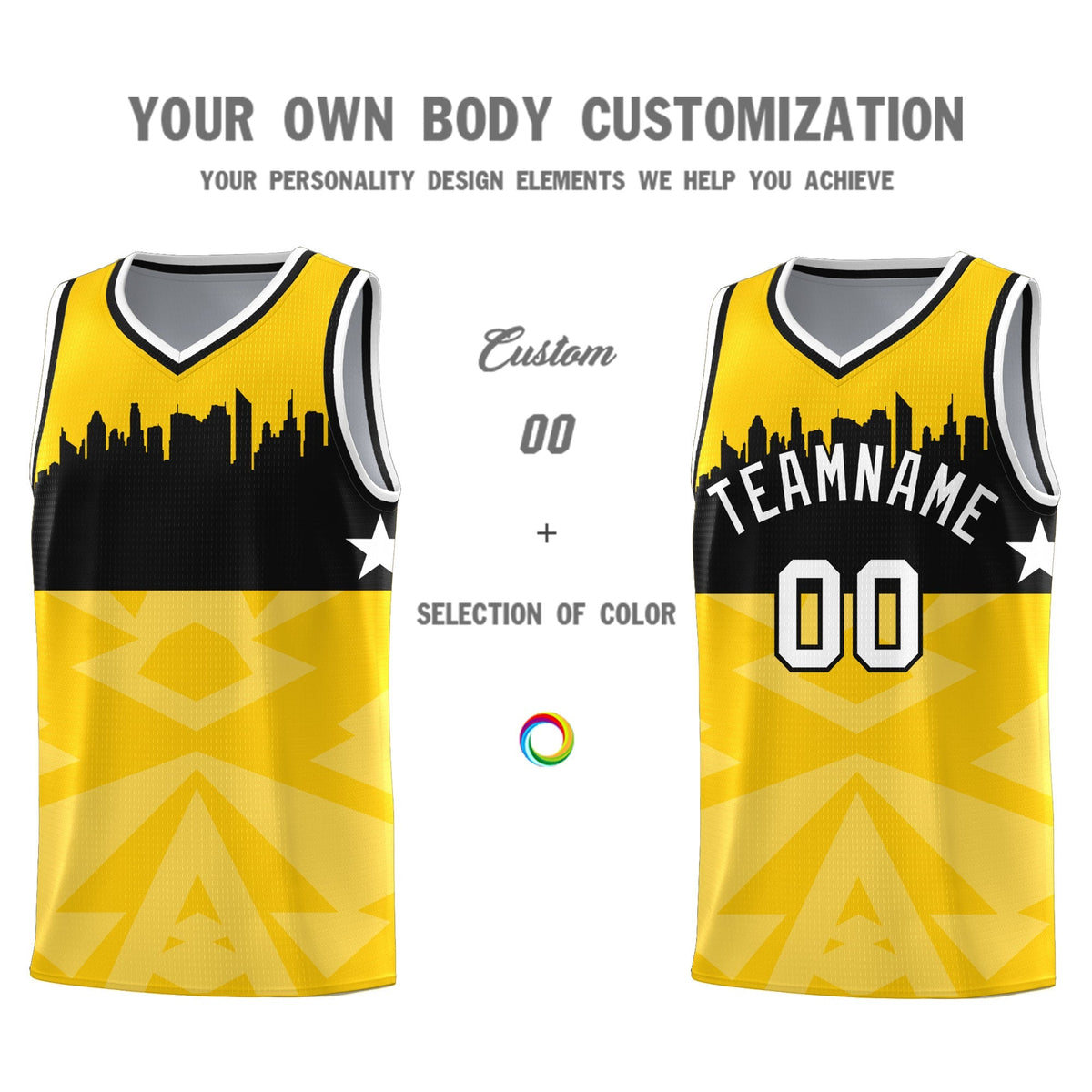 Custom Gold Personalized City Silhouette Pattern Sports Uniform Basketball Jersey|KXKSHOP