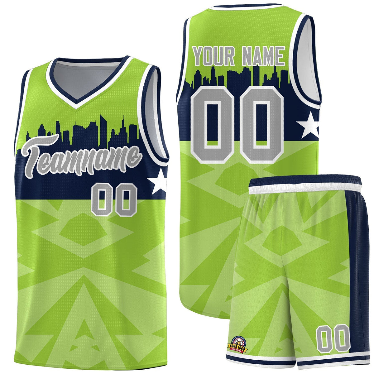 Custom Neon Green Personalized City Silhouette Pattern Sports Uniform Basketball Jersey|KXKSHOP