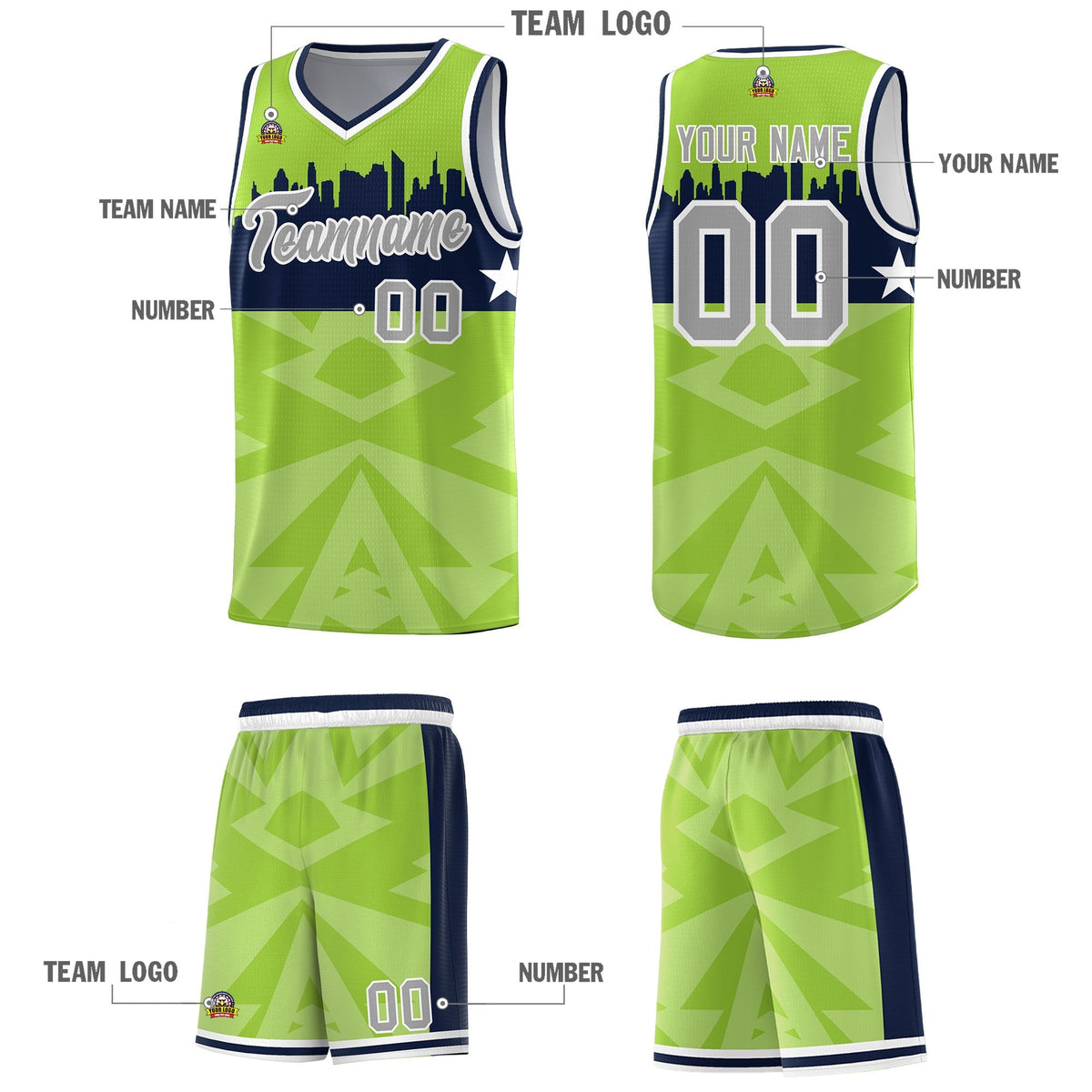 Custom Neon Green Personalized City Silhouette Pattern Sports Uniform Basketball Jersey|KXKSHOP
