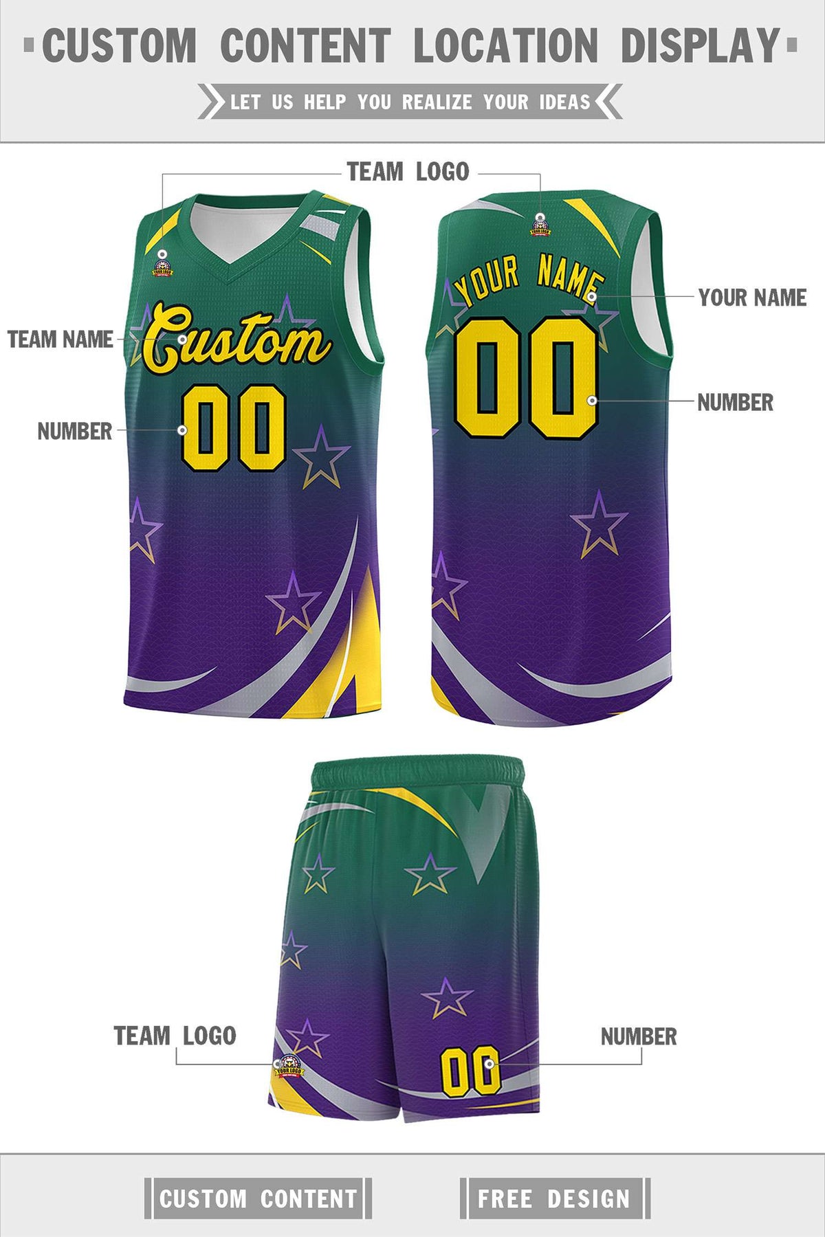 Custom Kelly Green Purple Gradient Star Graffiti Pattern Sports Uniform Basketball Jersey