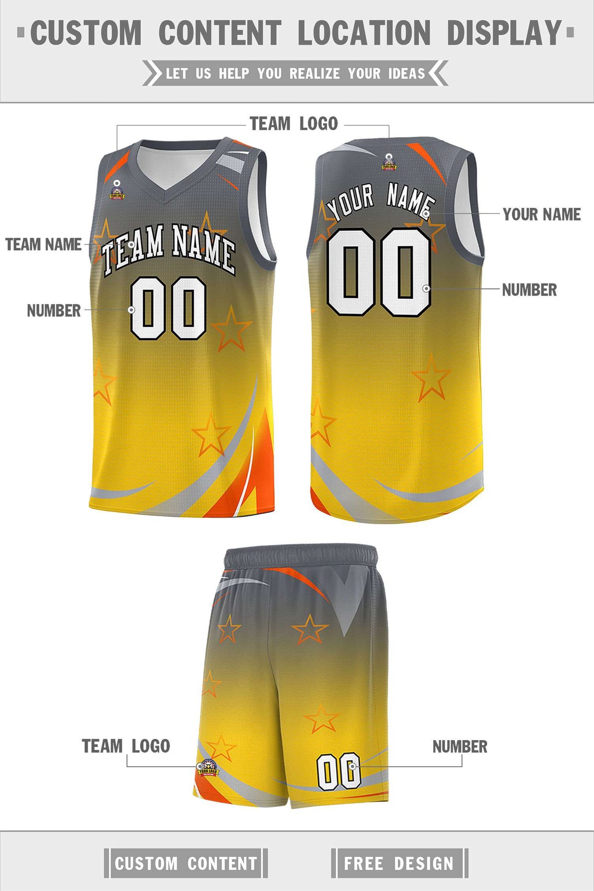 Custom Gray Gold Gradient Star Graffiti Pattern Sports Uniform Basketball Jersey