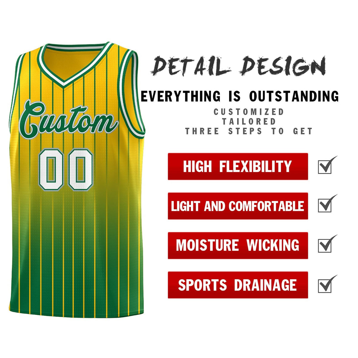 Custom Gold Kelly Green Gradient Fashion Sets Sports Stripe Uniform Basketball Jersey