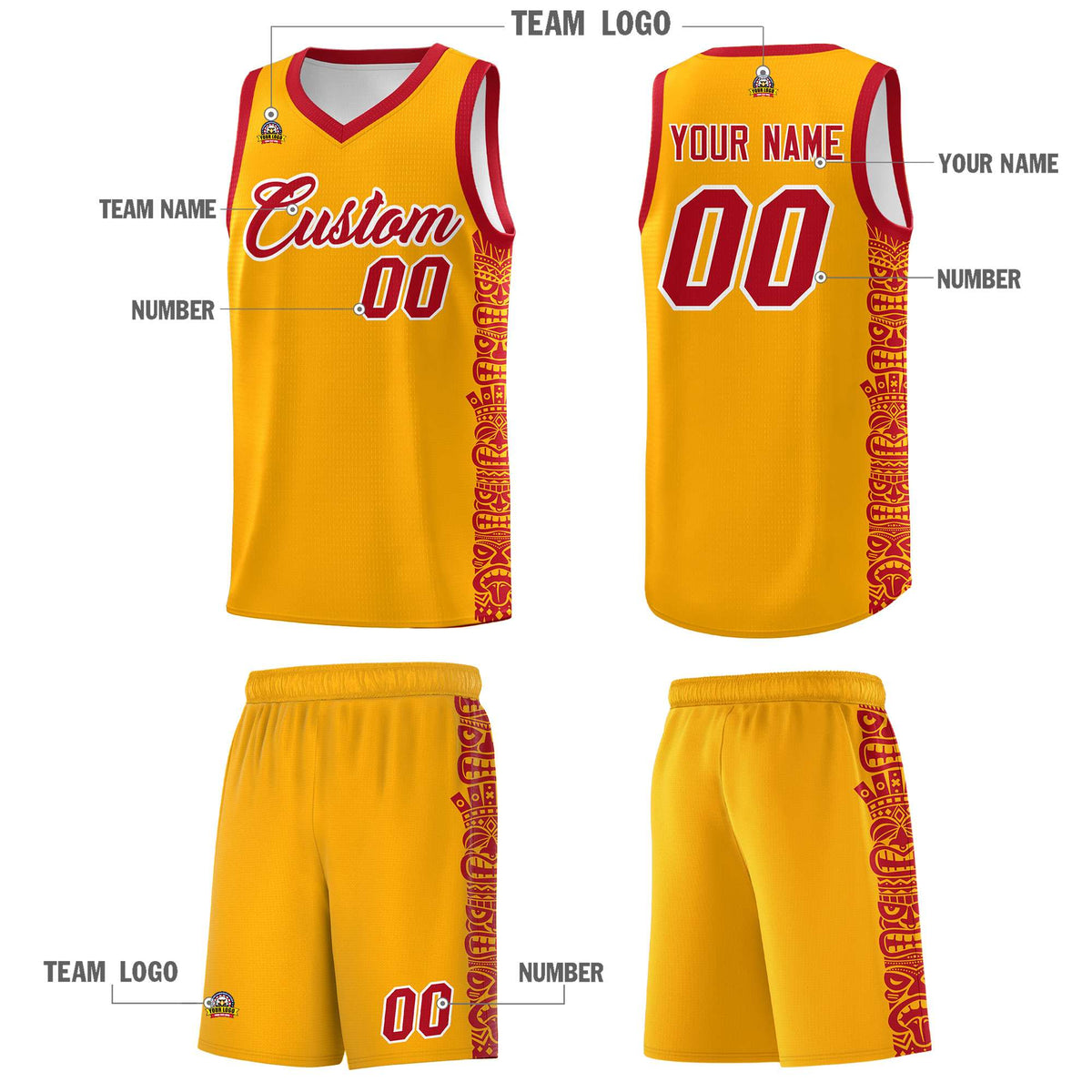 Custom Yellow Red Personalized Indians Pattern Kits Sports Uniform Basketball Jersey|KXKSHOP