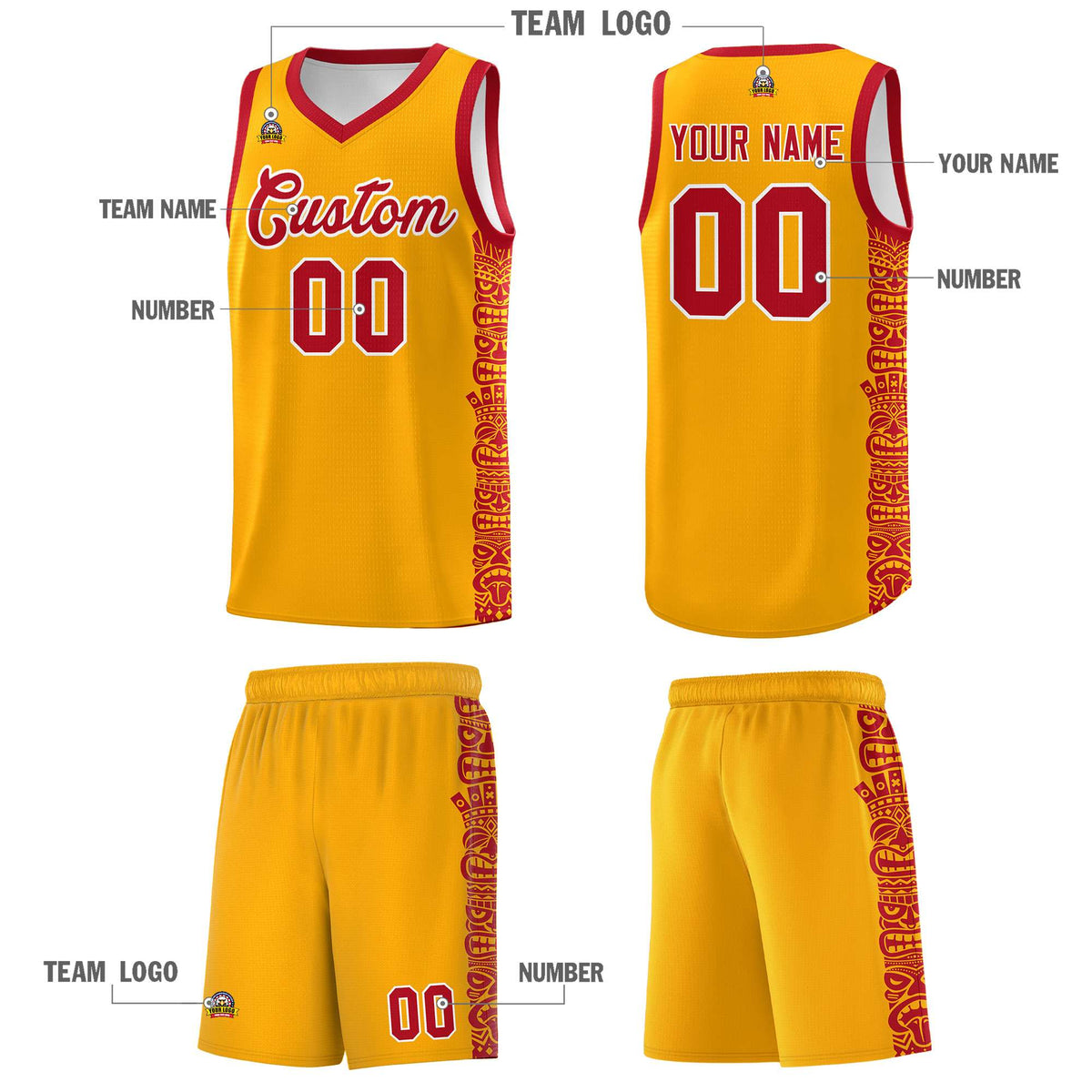 Custom Yellow Red Personalized Indians Pattern Kits Sports Uniform Basketball Jersey|KXKSHOP