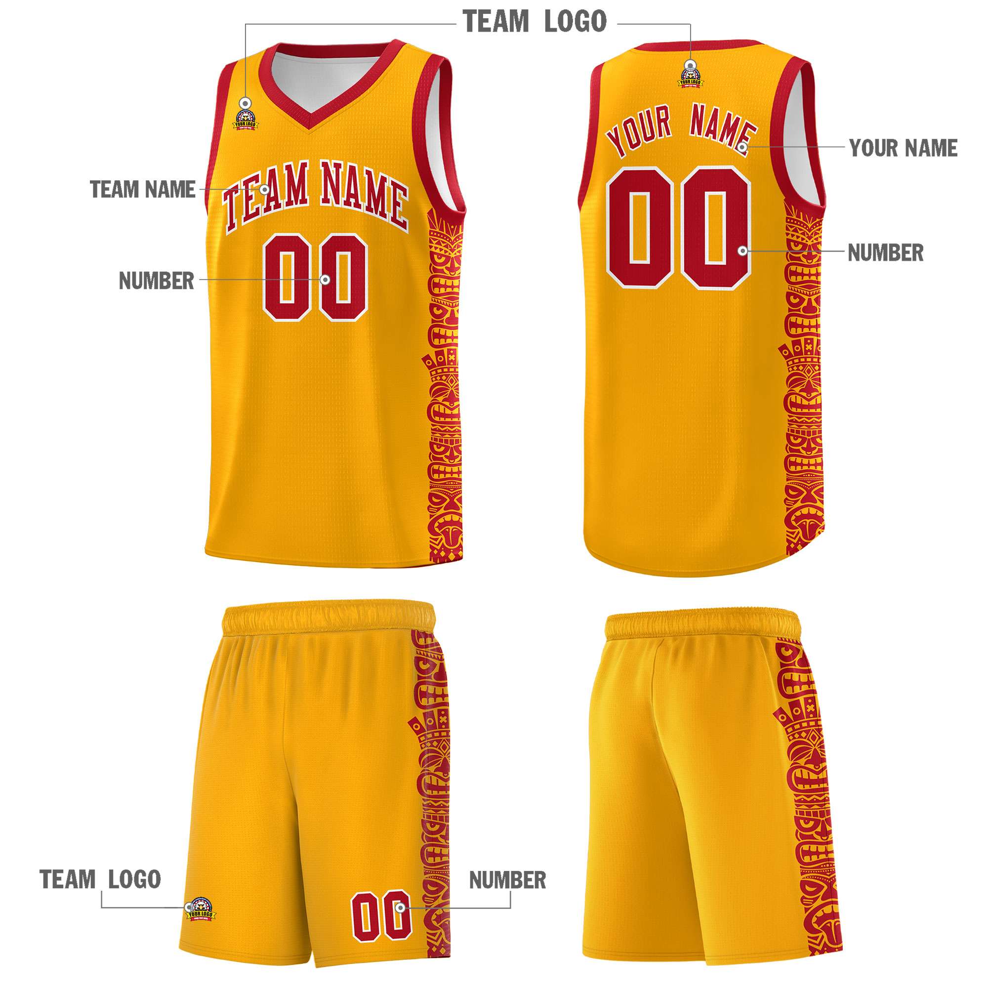 Custom Yellow Red Personalized Indians Pattern Kits Sports Uniform Basketball Jersey|KXKSHOP