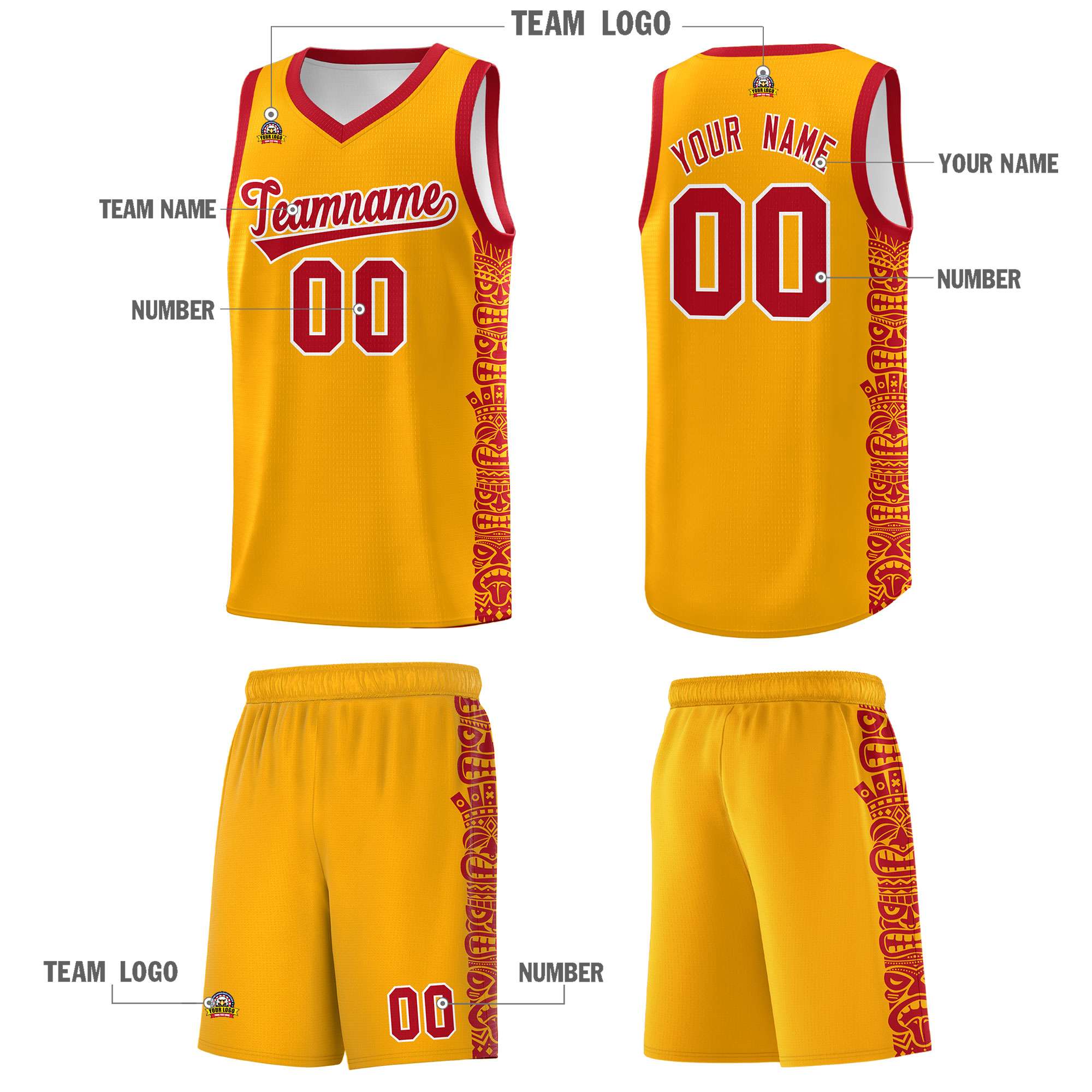 Custom Yellow Red Personalized Indians Pattern Kits Sports Uniform Basketball Jersey|KXKSHOP