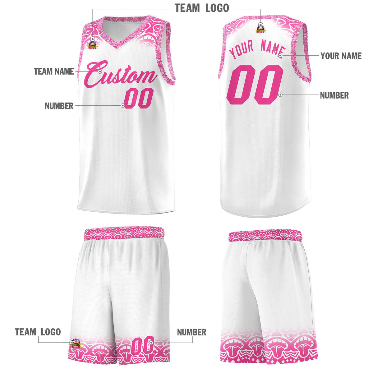 Custom White Pink Personalized Indians Print Kits Sports Uniform Basketball Jersey|KXKSHOP