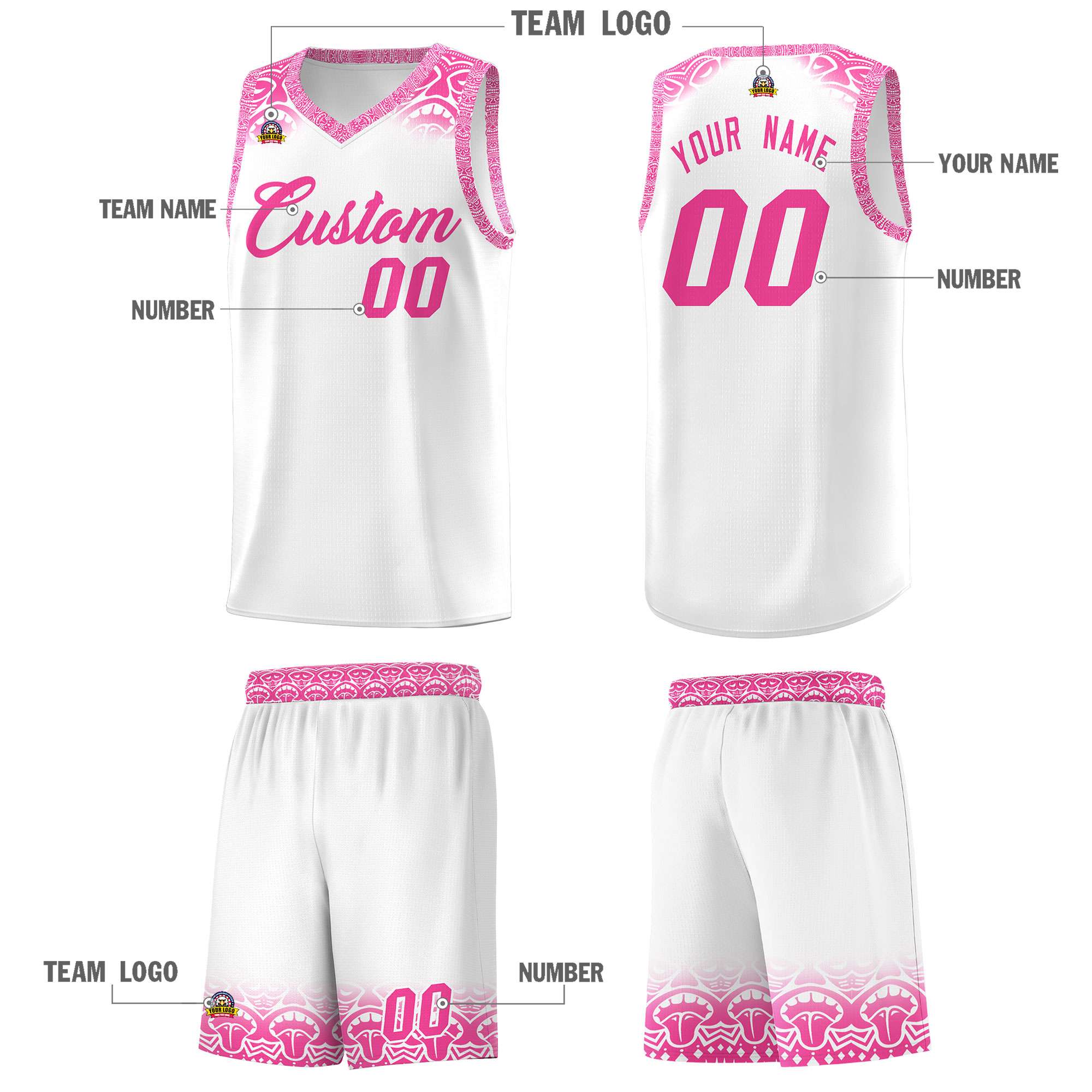 Custom White Pink Personalized Indians Print Kits Sports Uniform Basketball Jersey|KXKSHOP