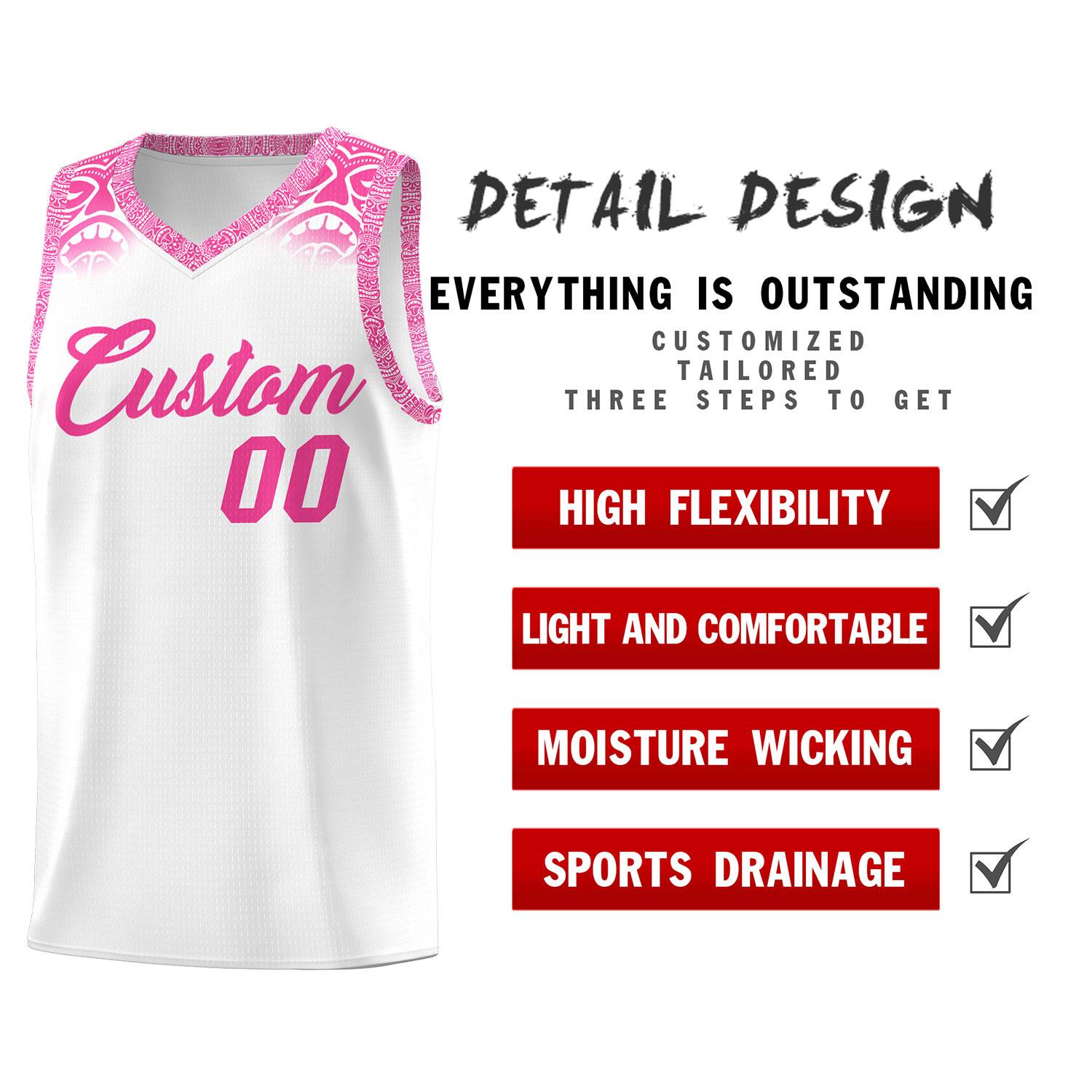 Custom White Pink Personalized Indians Print Kits Sports Uniform Basketball Jersey|KXKSHOP
