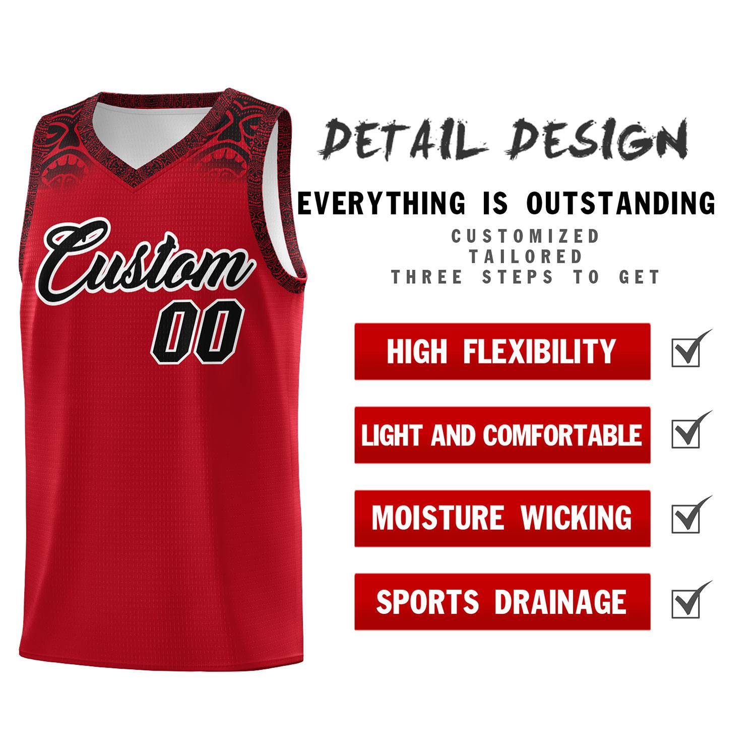 Custom Red Black Personalized Indians Print Kits Sports Uniform Basketball Jersey|KXKSHOP