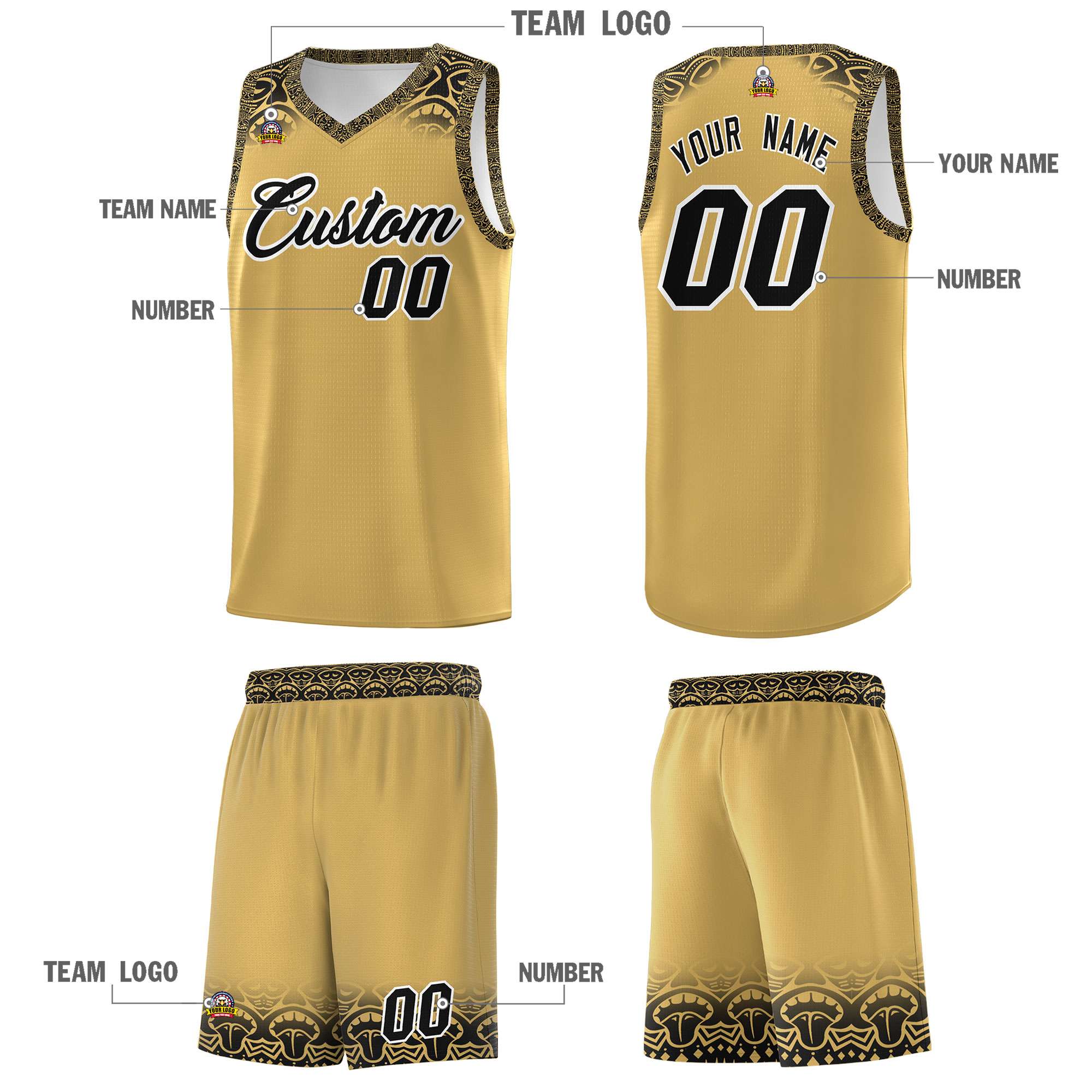 Custom Old Gold Black Personalized Indians Print Kits Sports Uniform Basketball Jersey|KXKSHOP