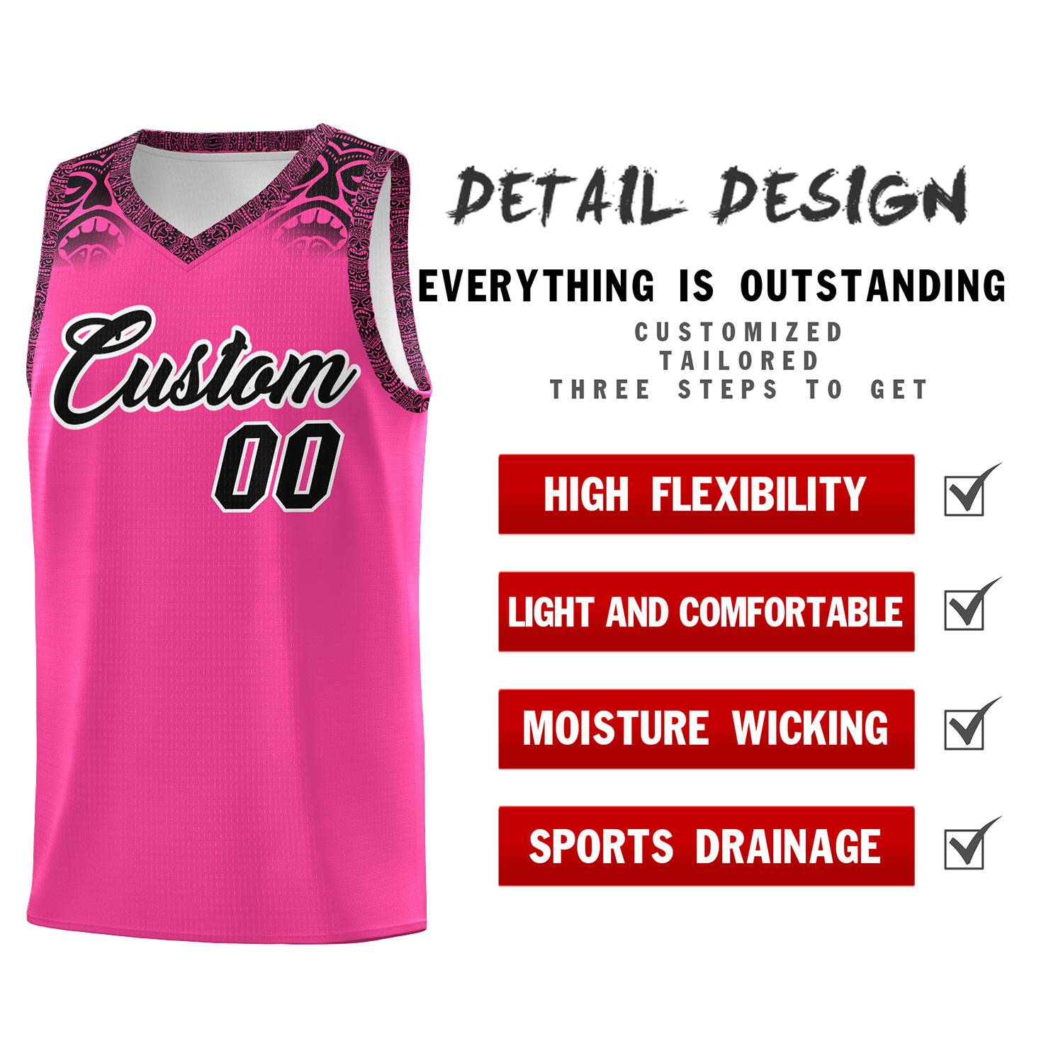 Custom Pink Black Personalized Indians Print Kits Sports Uniform Basketball Jersey|KXKSHOP