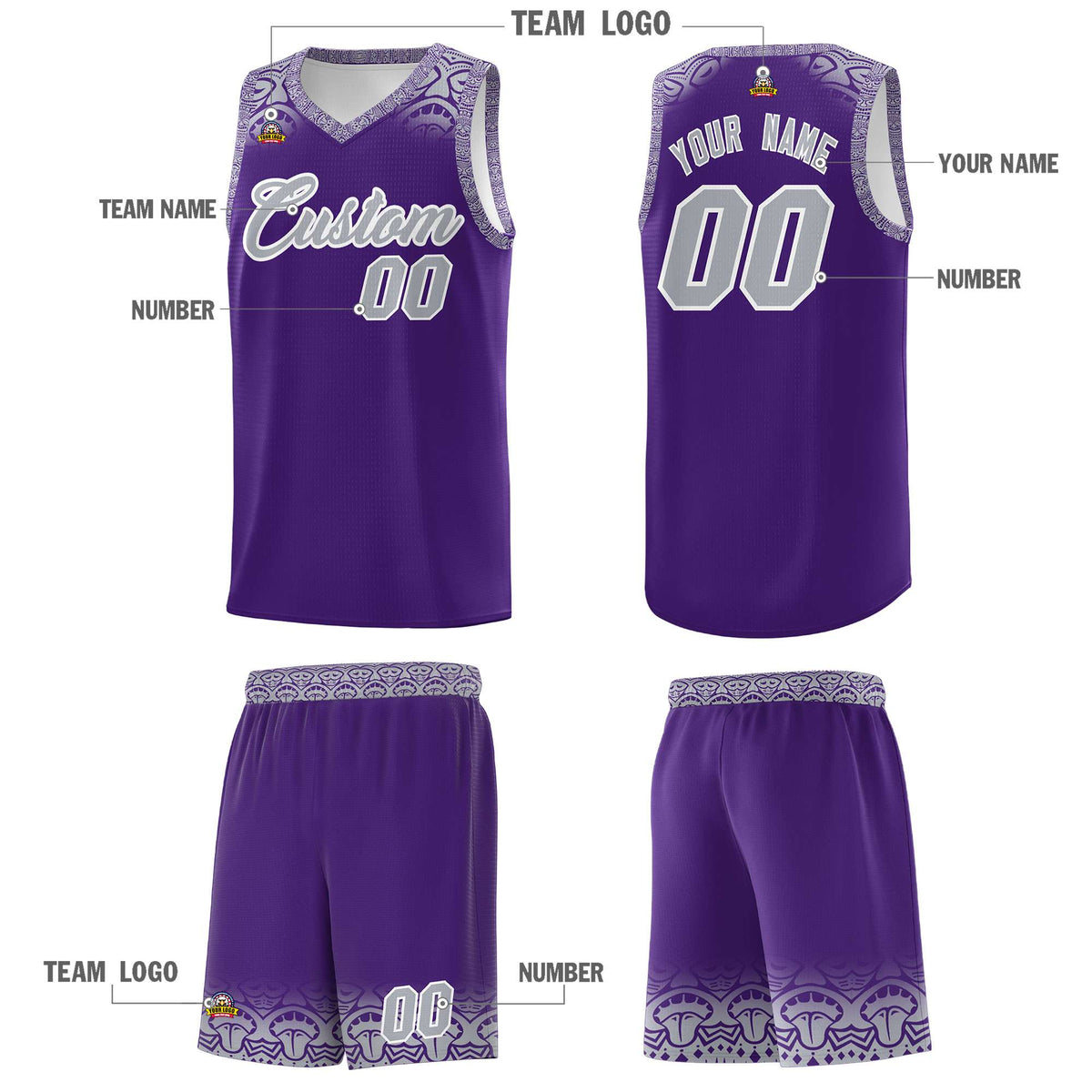Custom Purple Gray Personalized Indians Print Kits Sports Uniform Basketball Jersey|KXKSHOP