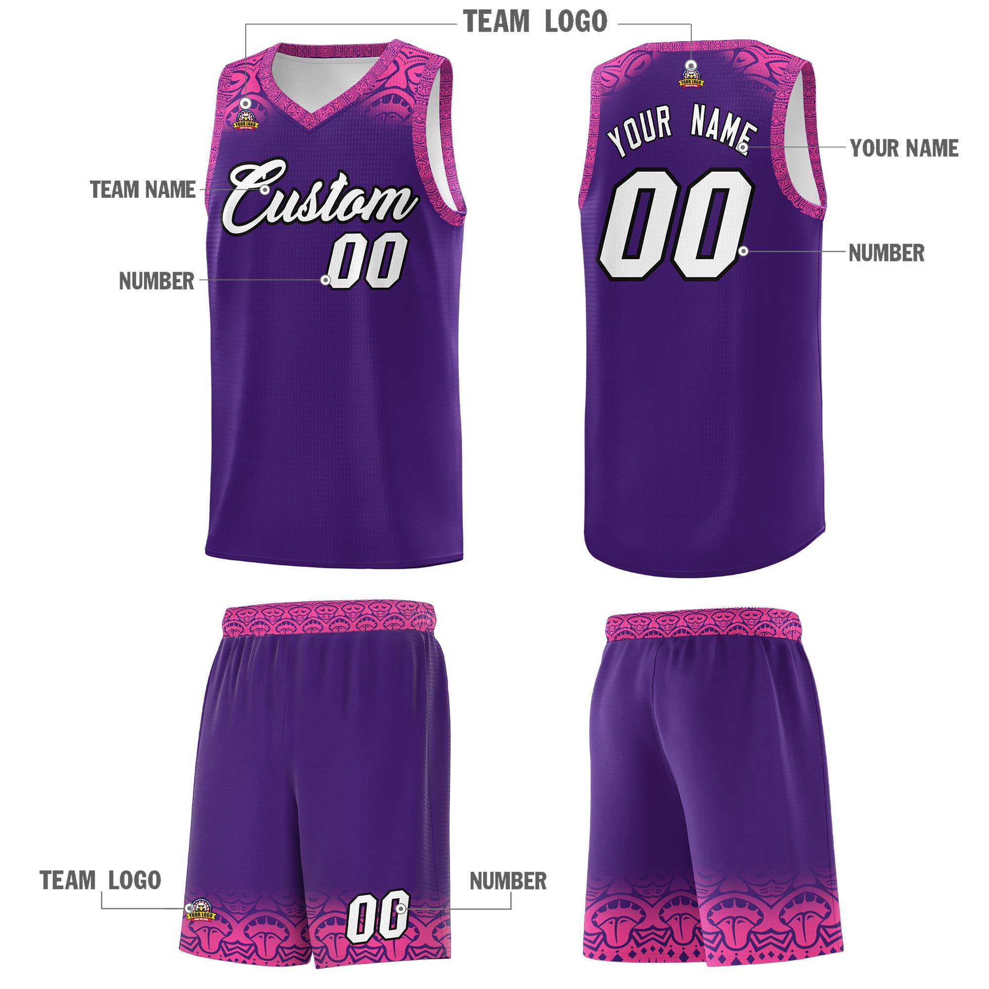 Custom Purple Pink Personalized Indians Print Kits Sports Uniform Basketball Jersey|KXKSHOP