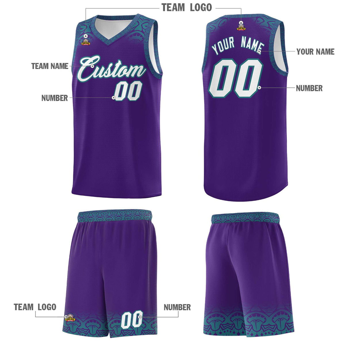 Custom Purple Aqua Personalized Indians Print Kits Sports Uniform Basketball Jersey|KXKSHOP