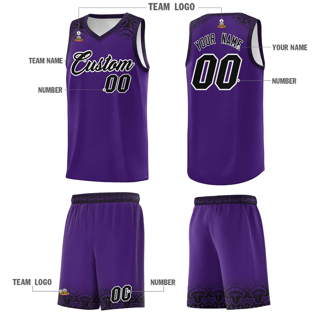 Custom Purple Black Personalized Indians Print Kits Sports Uniform Basketball Jersey|KXKSHOP
