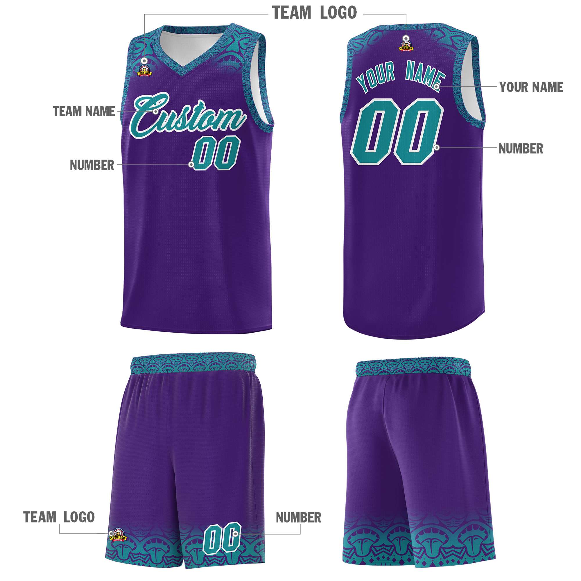 Custom Purple Aqua Personalized Indians Print Kits Sports Uniform Basketball Jersey|KXKSHOP