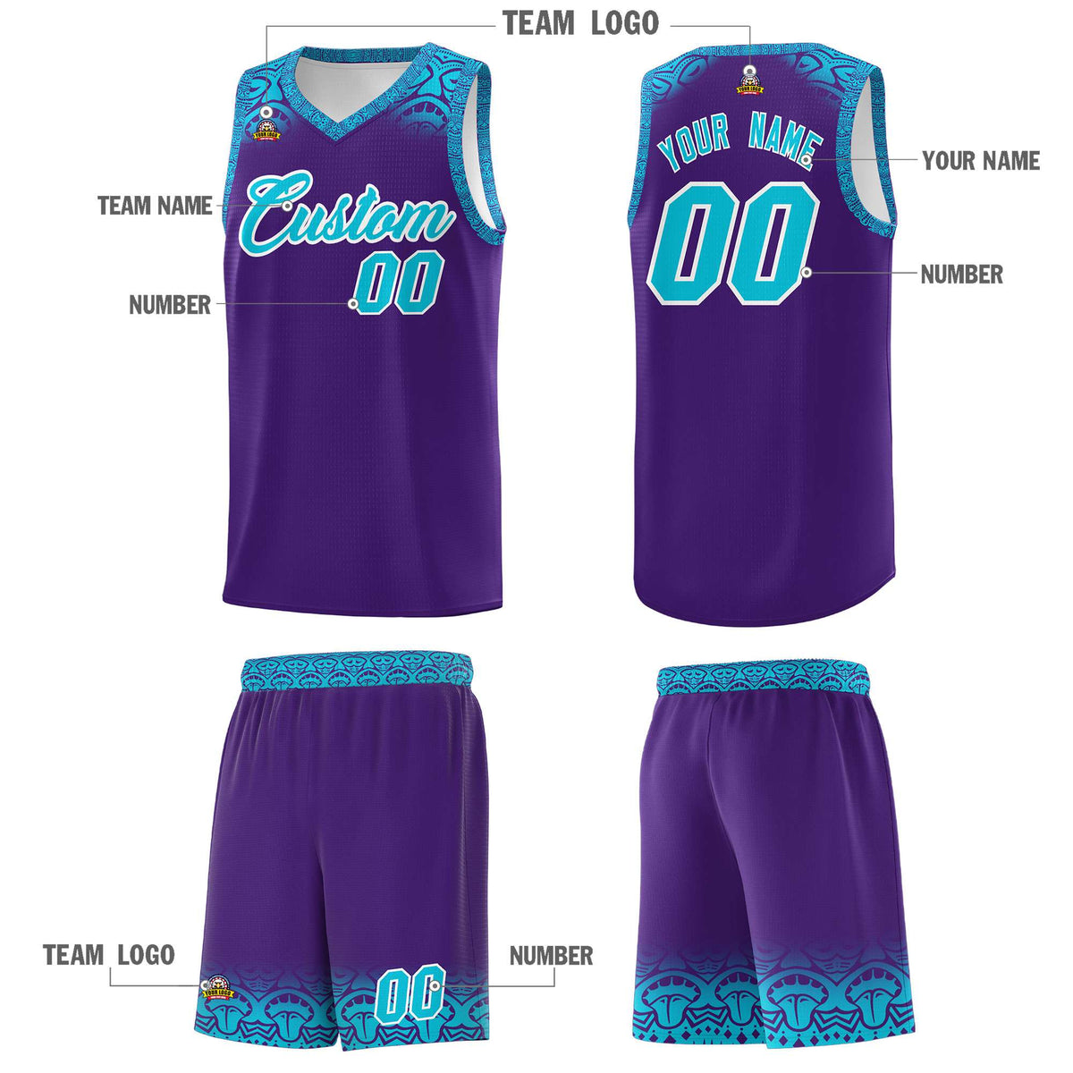 Custom Purple Sky Blue Personalized Indians Print Kits Sports Uniform Basketball Jersey|KXKSHOP