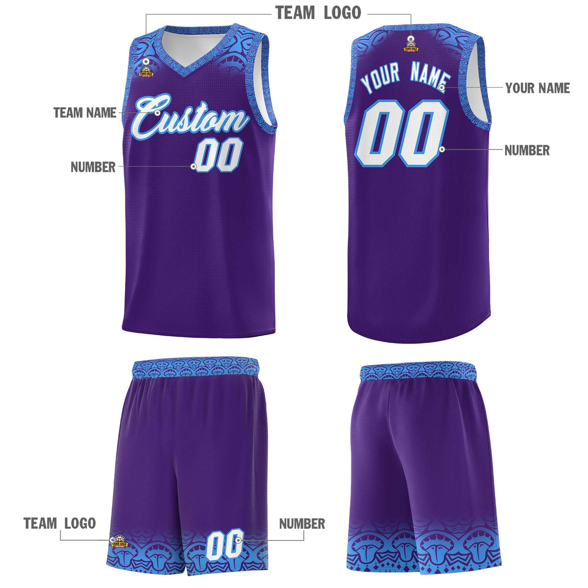 Custom Purple Powder Blue Personalized Indians Print Kits Sports Uniform Basketball Jersey|KXKSHOP