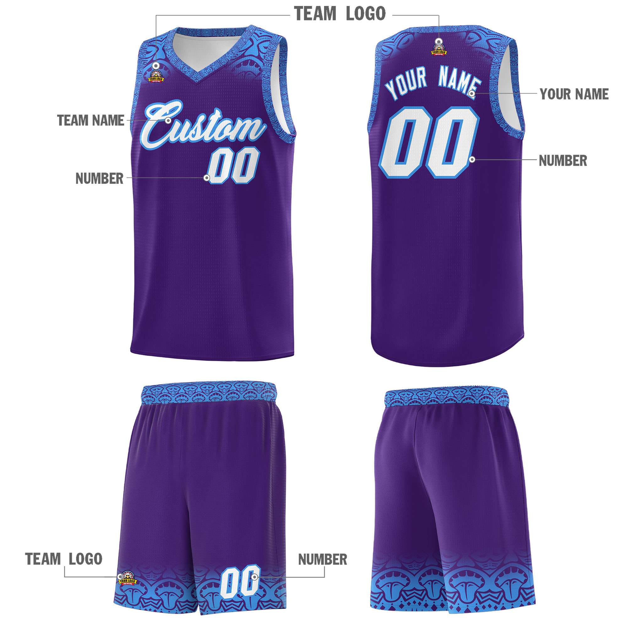 Custom Purple Powder Blue Personalized Indians Print Kits Sports Uniform Basketball Jersey|KXKSHOP