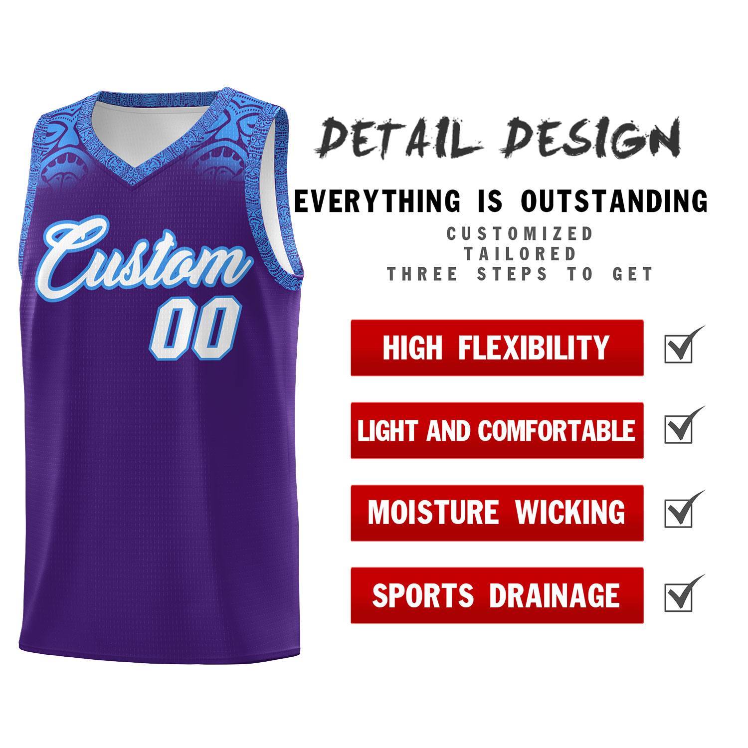Custom Purple Powder Blue Personalized Indians Print Kits Sports Uniform Basketball Jersey|KXKSHOP