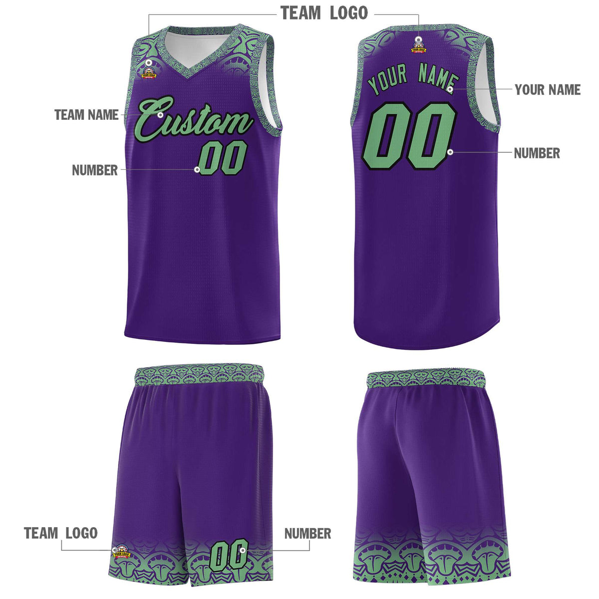 Custom Purple Green Personalized Indians Print Kits Sports Uniform Basketball Jersey|KXKSHOP