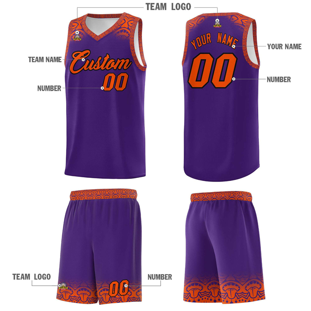 Custom Purple Orange Personalized Indians Print Kits Sports Uniform Basketball Jersey|KXKSHOP