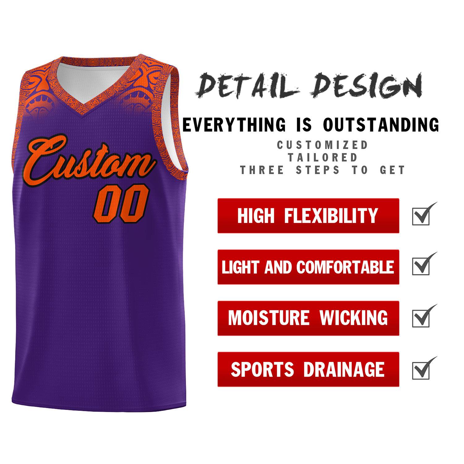 Custom Purple Orange Personalized Indians Print Kits Sports Uniform Basketball Jersey|KXKSHOP
