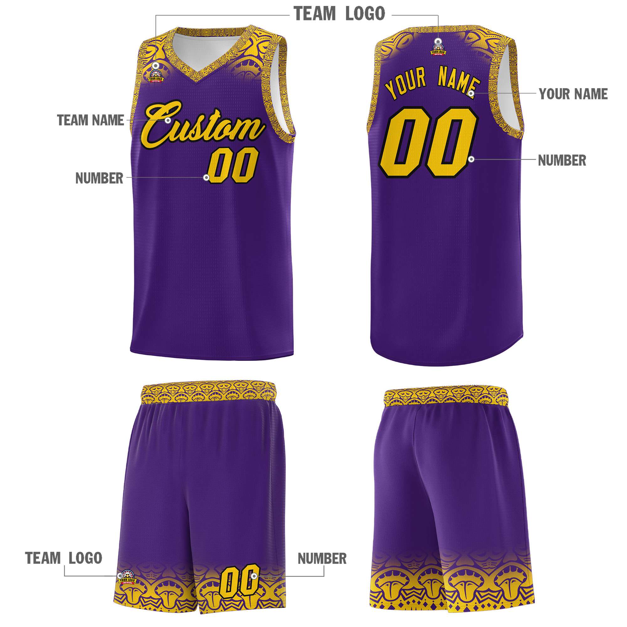 Custom Purple Gold Personalized Indians Print Kits Sports Uniform Basketball Jersey|KXKSHOP