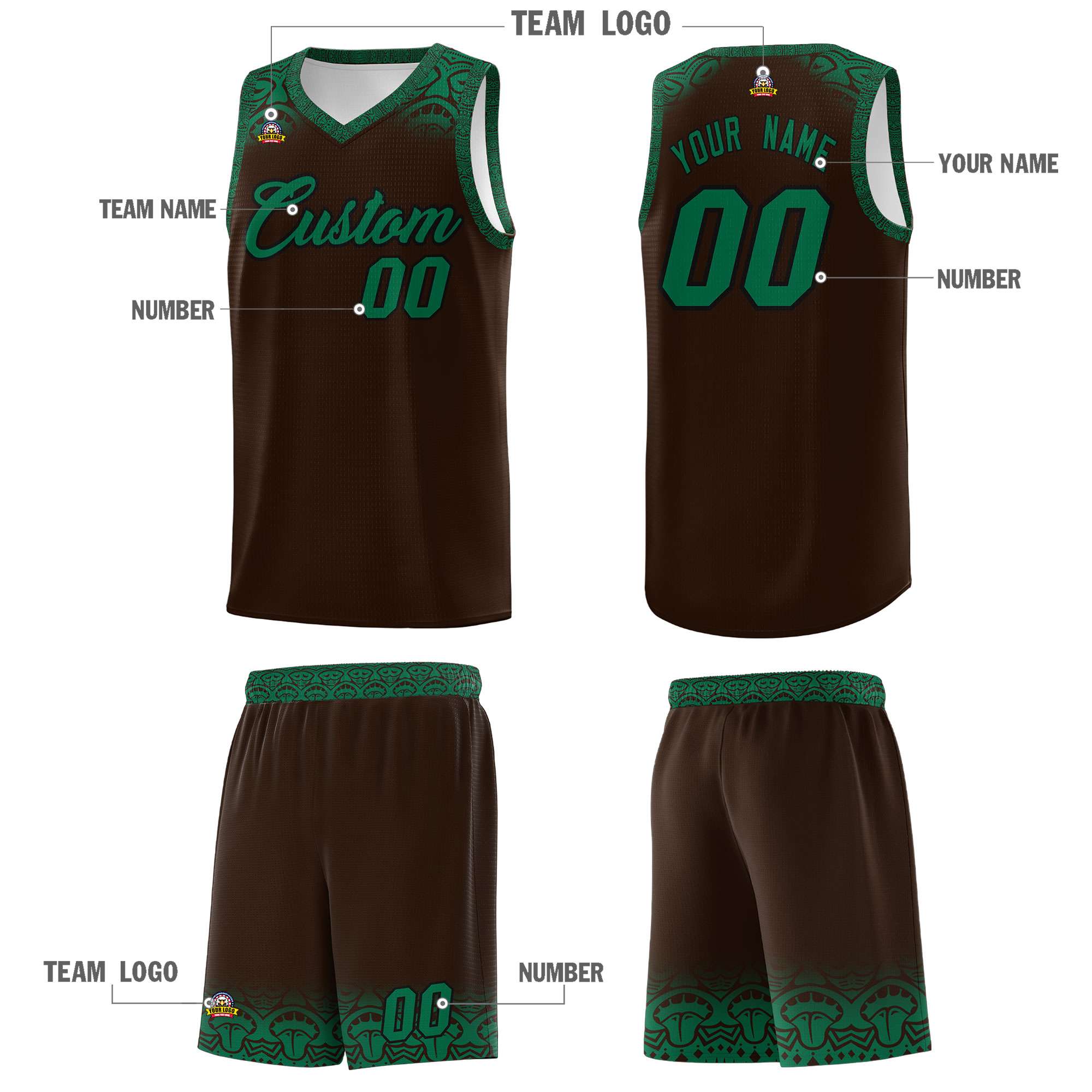 Custom Brown Kelly Green Personalized Indians Print Kits Sports Uniform Basketball Jersey|KXKSHOP
