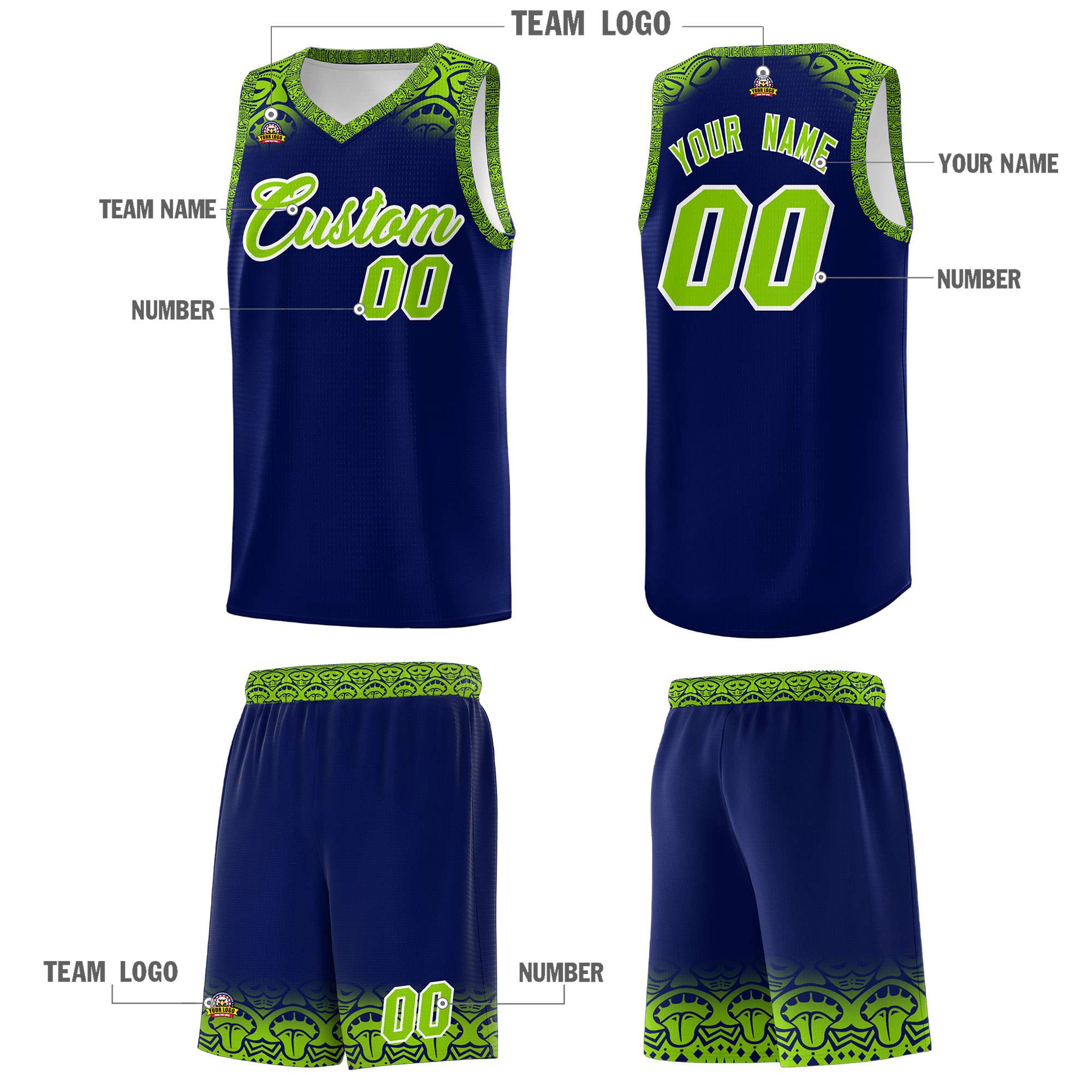 Custom Royal Neon Green Personalized Indians Print Kits Sports Uniform Basketball Jersey|KXKSHOP