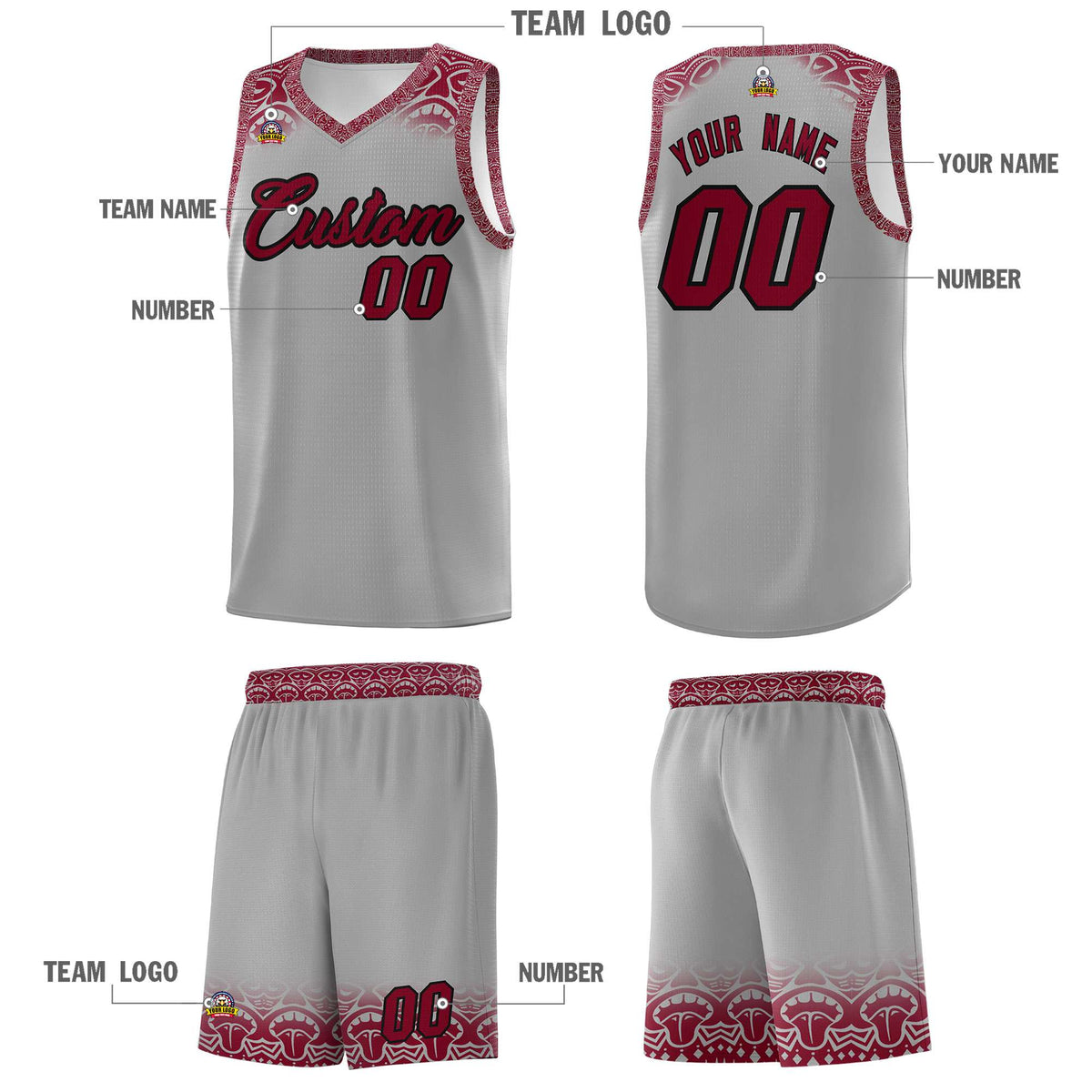 Custom Gray Crimson Personalized Indians Print Kits Sports Uniform Basketball Jersey|KXKSHOP