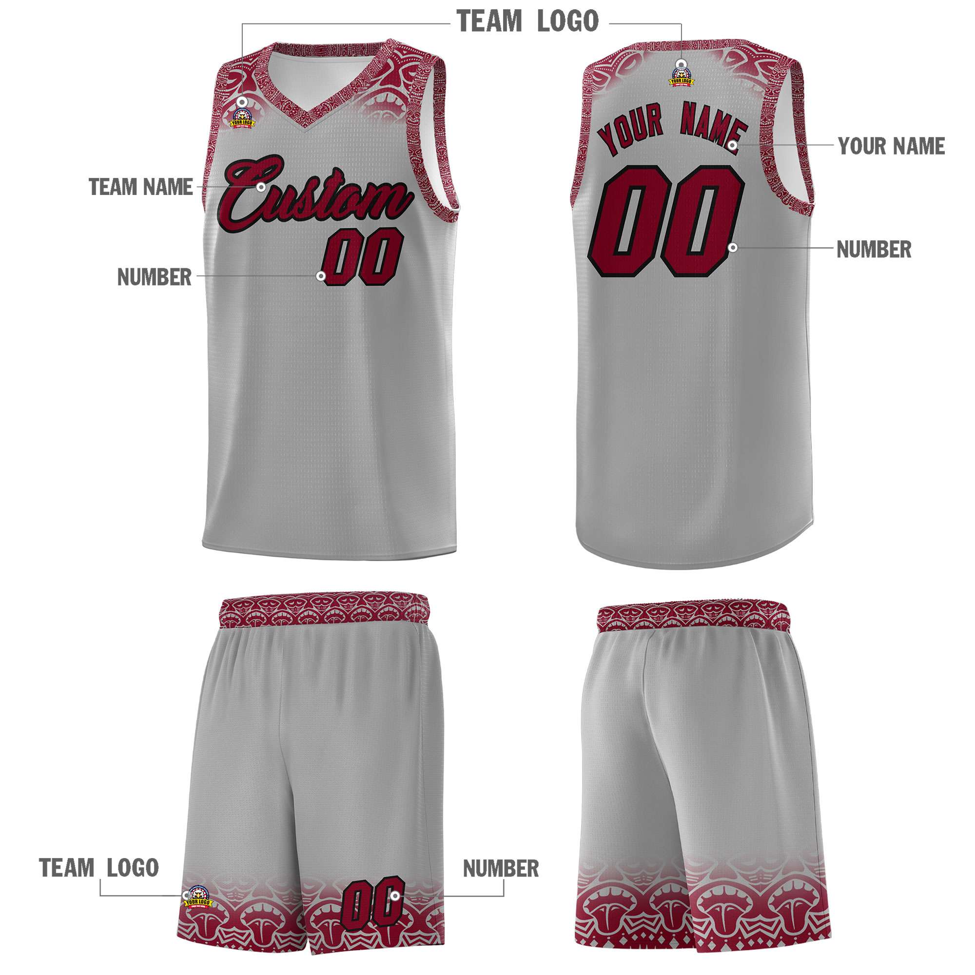 Custom Gray Crimson Personalized Indians Print Kits Sports Uniform Basketball Jersey|KXKSHOP