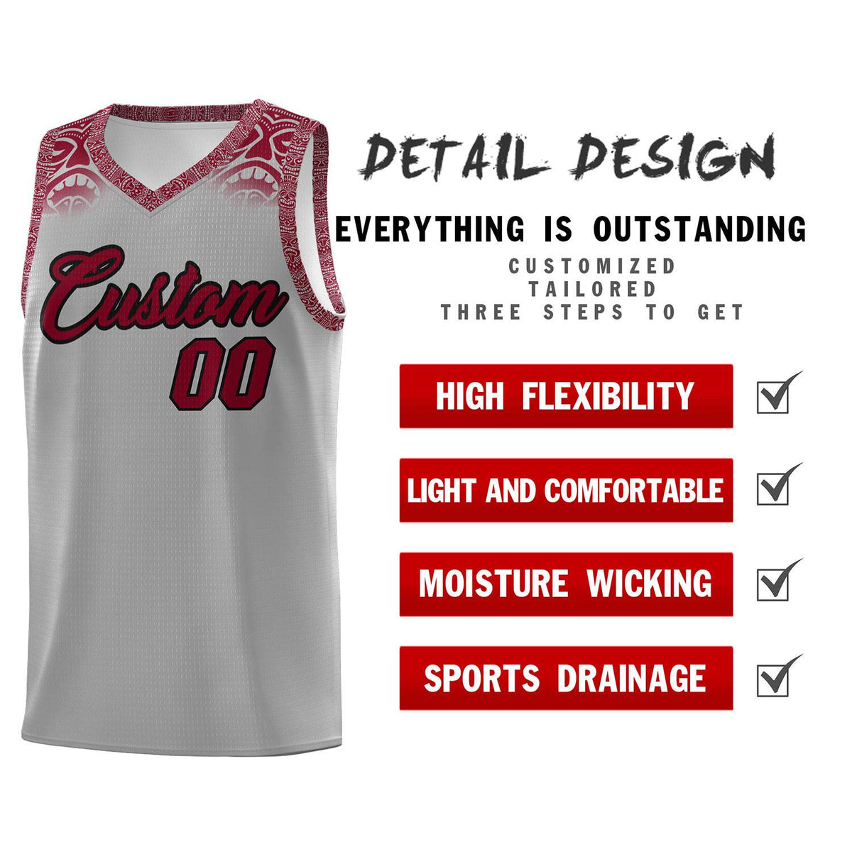 Custom Gray Crimson Personalized Indians Print Kits Sports Uniform Basketball Jersey|KXKSHOP