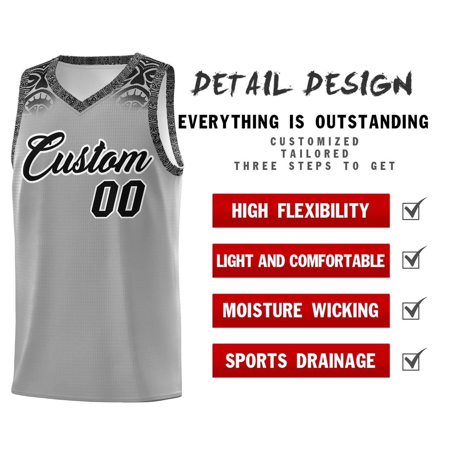Custom Gray Black Personalized Indians Print Kits Sports Uniform Basketball Jersey|KXKSHOP