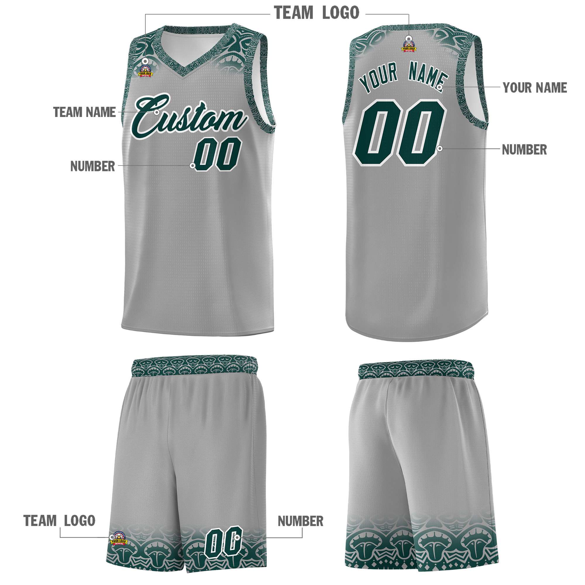 Custom Gray Midnight Green Personalized Indians Print Kits Sports Uniform Basketball Jersey|KXKSHOP