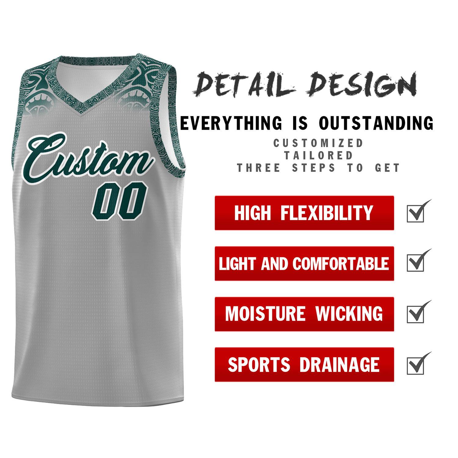 Custom Gray Midnight Green Personalized Indians Print Kits Sports Uniform Basketball Jersey|KXKSHOP