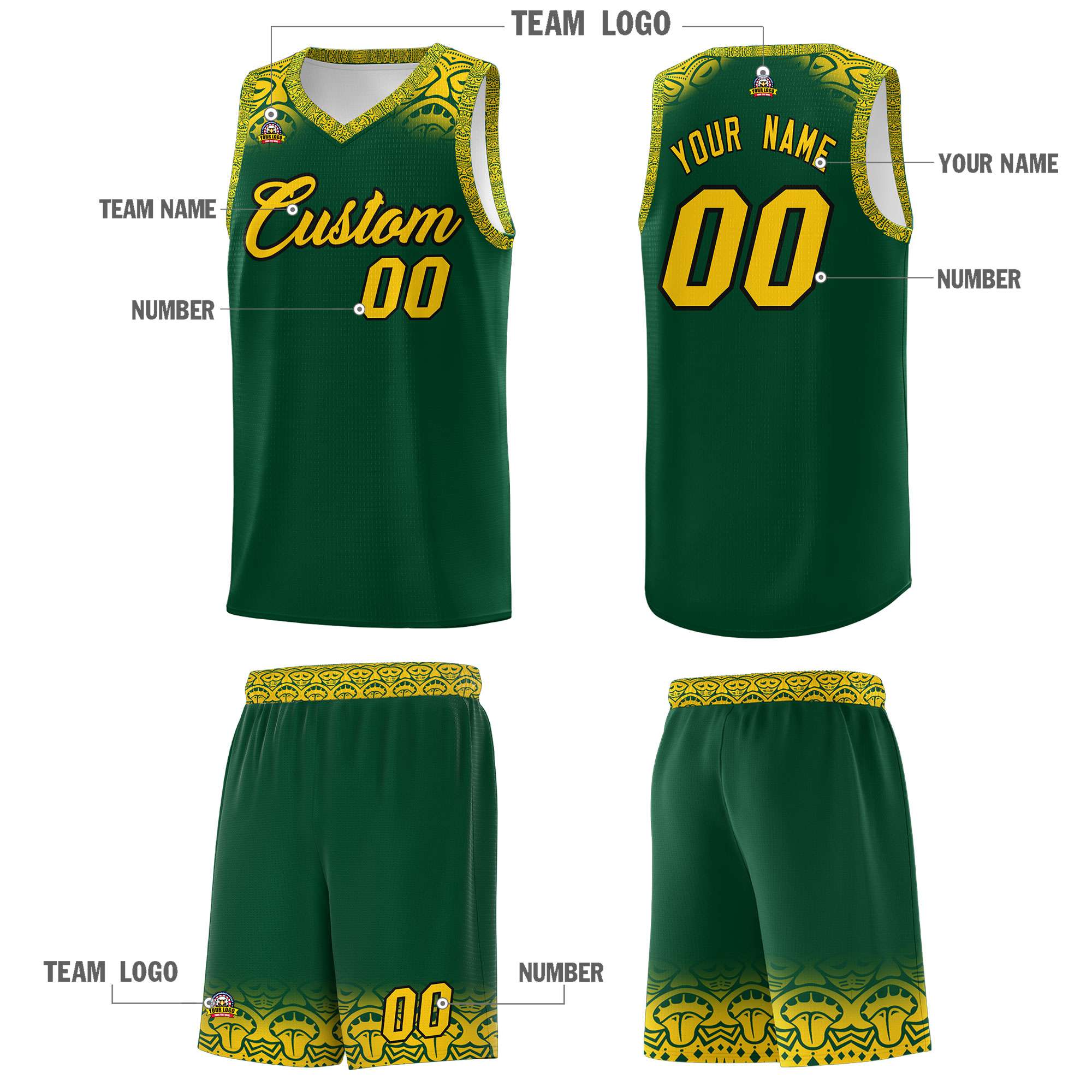 Custom Green Gold Personalized Indians Print Kits Sports Uniform Basketball Jersey|KXKSHOP