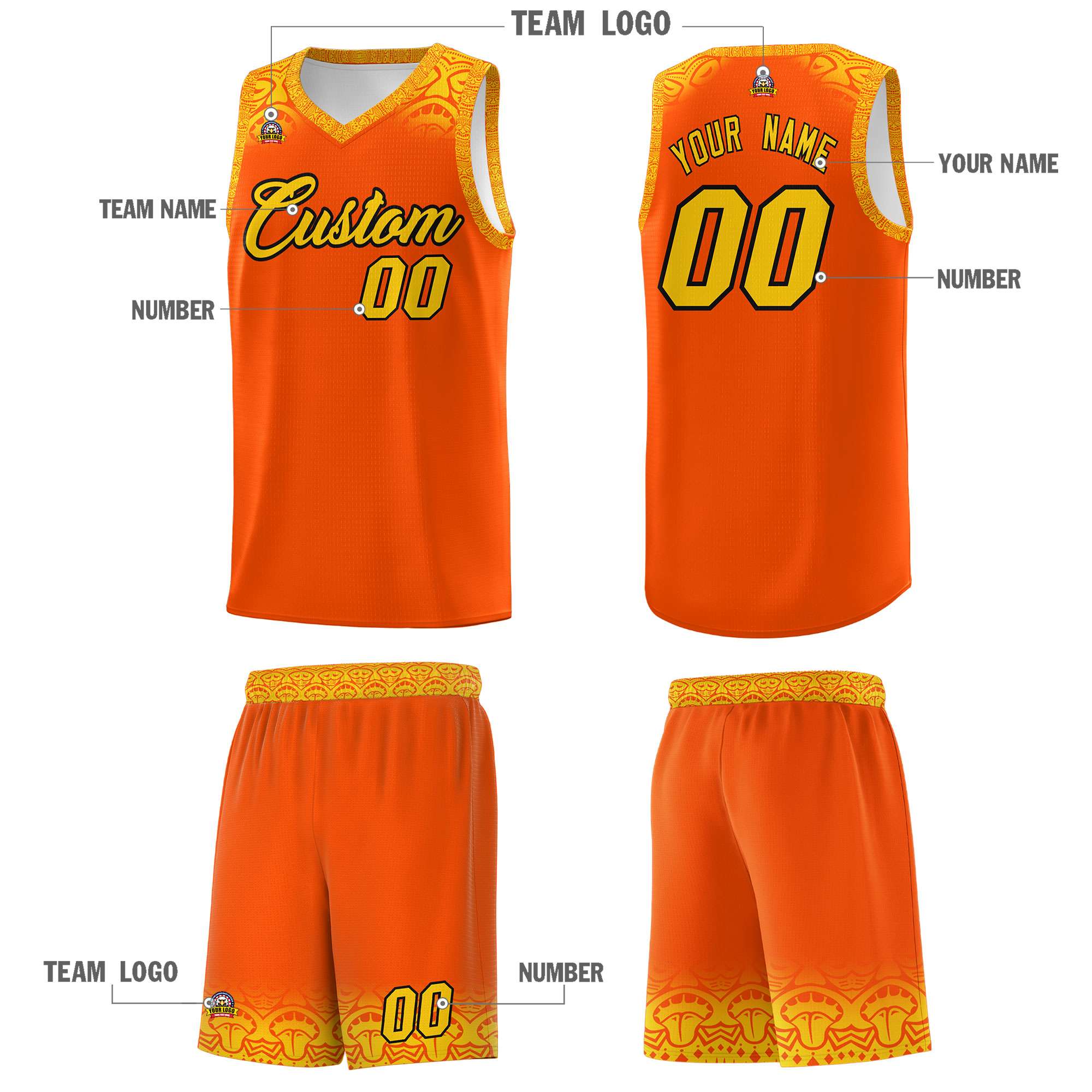 Custom Orange Gold Personalized Indians Print Kits Sports Uniform Basketball Jersey|KXKSHOP
