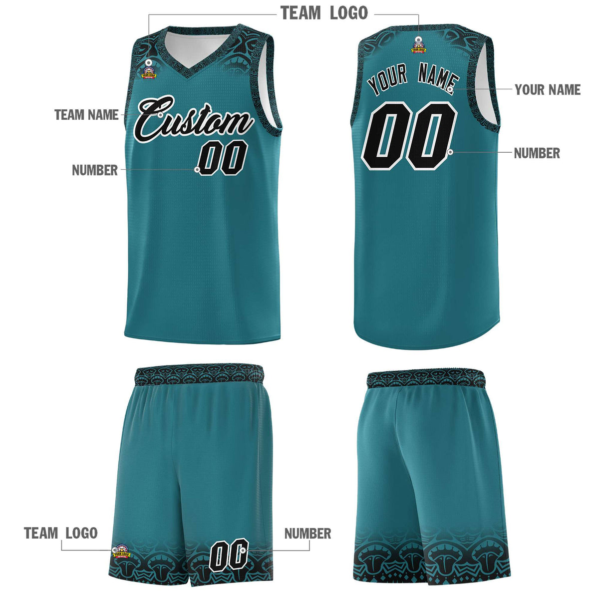 Custom Aqua Black Personalized Indians Print Kits Sports Uniform Basketball Jersey|KXKSHOP