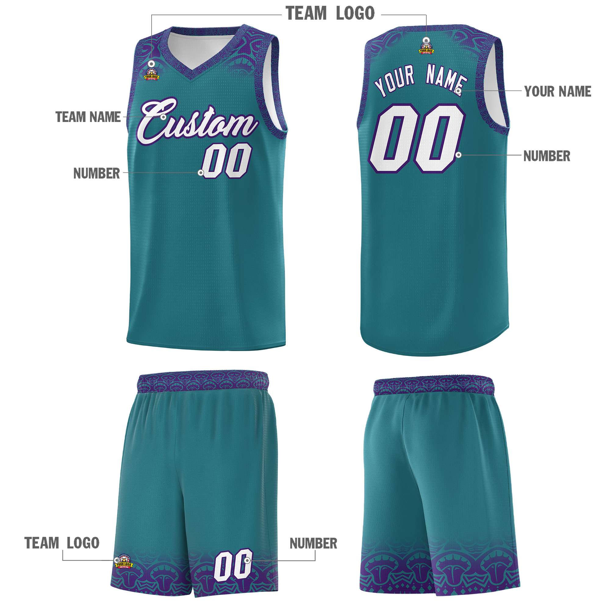 Custom Aqua Purple Personalized Indians Print Kits Sports Uniform Basketball Jersey|KXKSHOP