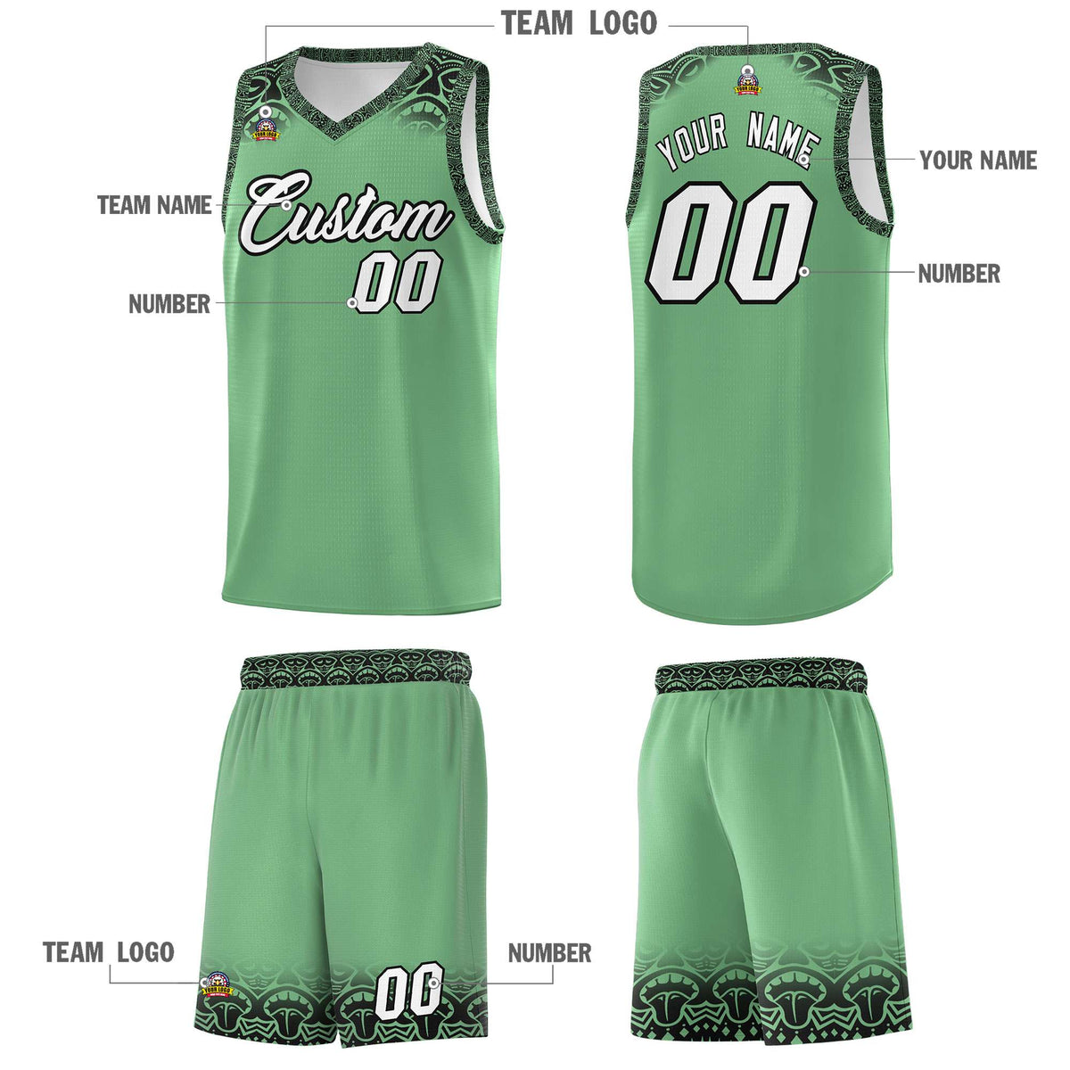 Custom Green Black Personalized Indians Print Kits Sports Uniform Basketball Jersey|KXKSHOP