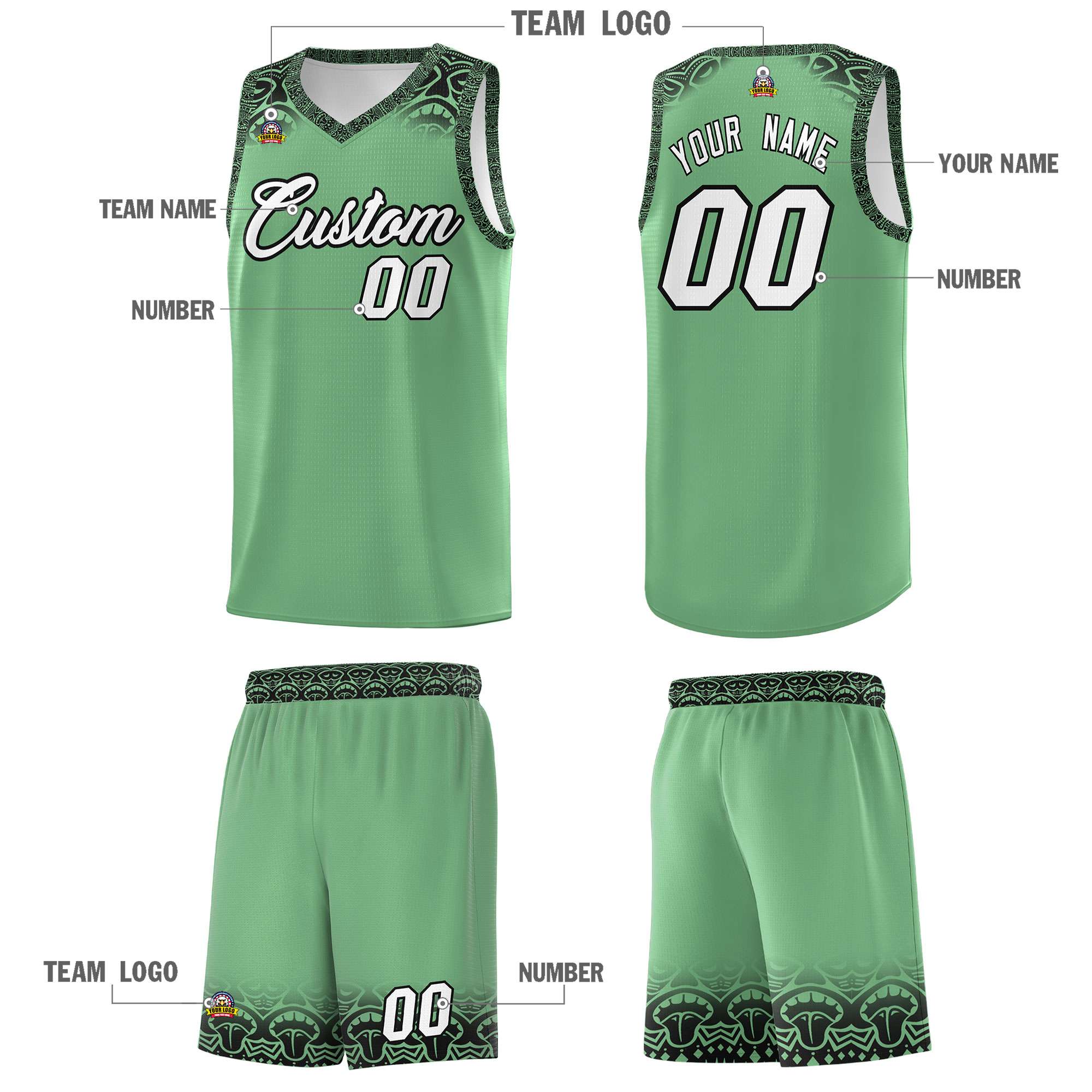 Custom Green Black Personalized Indians Print Kits Sports Uniform Basketball Jersey|KXKSHOP