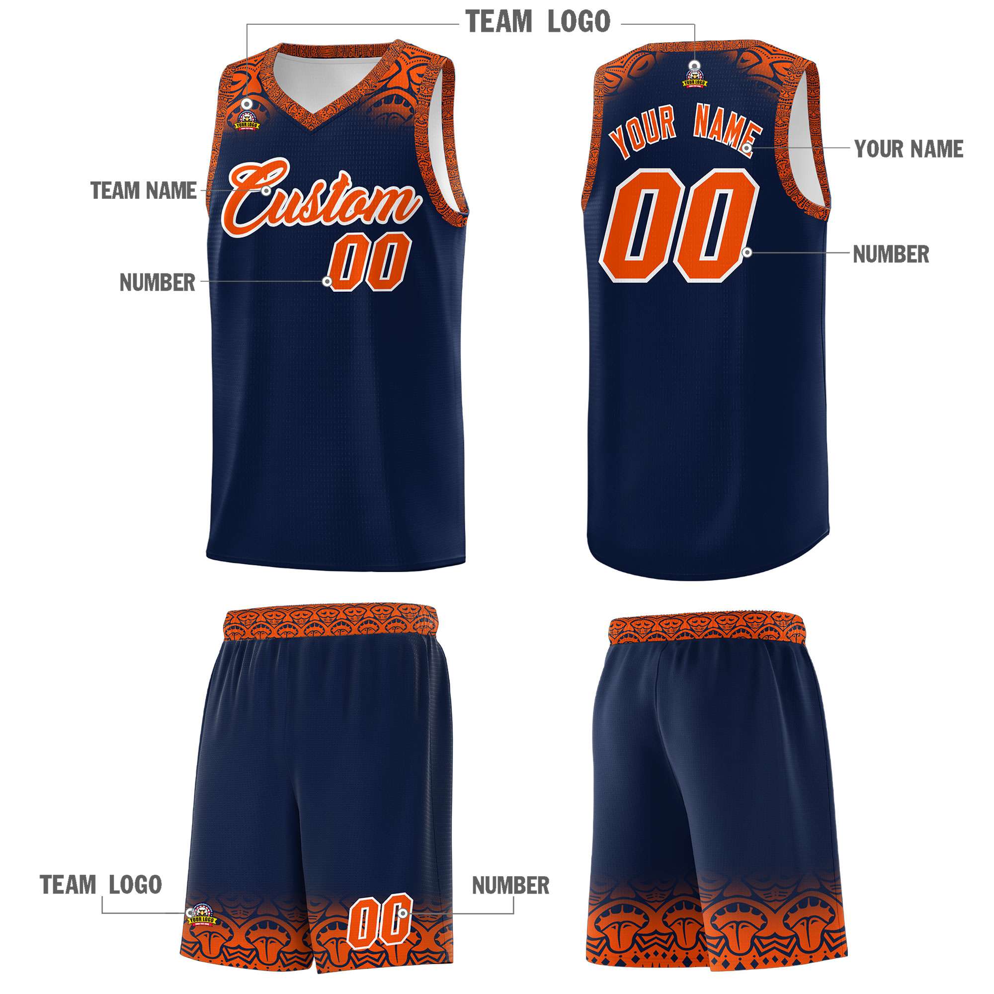 Custom Navy Orange Personalized Indians Print Kits Sports Uniform Basketball Jersey|KXKSHOP
