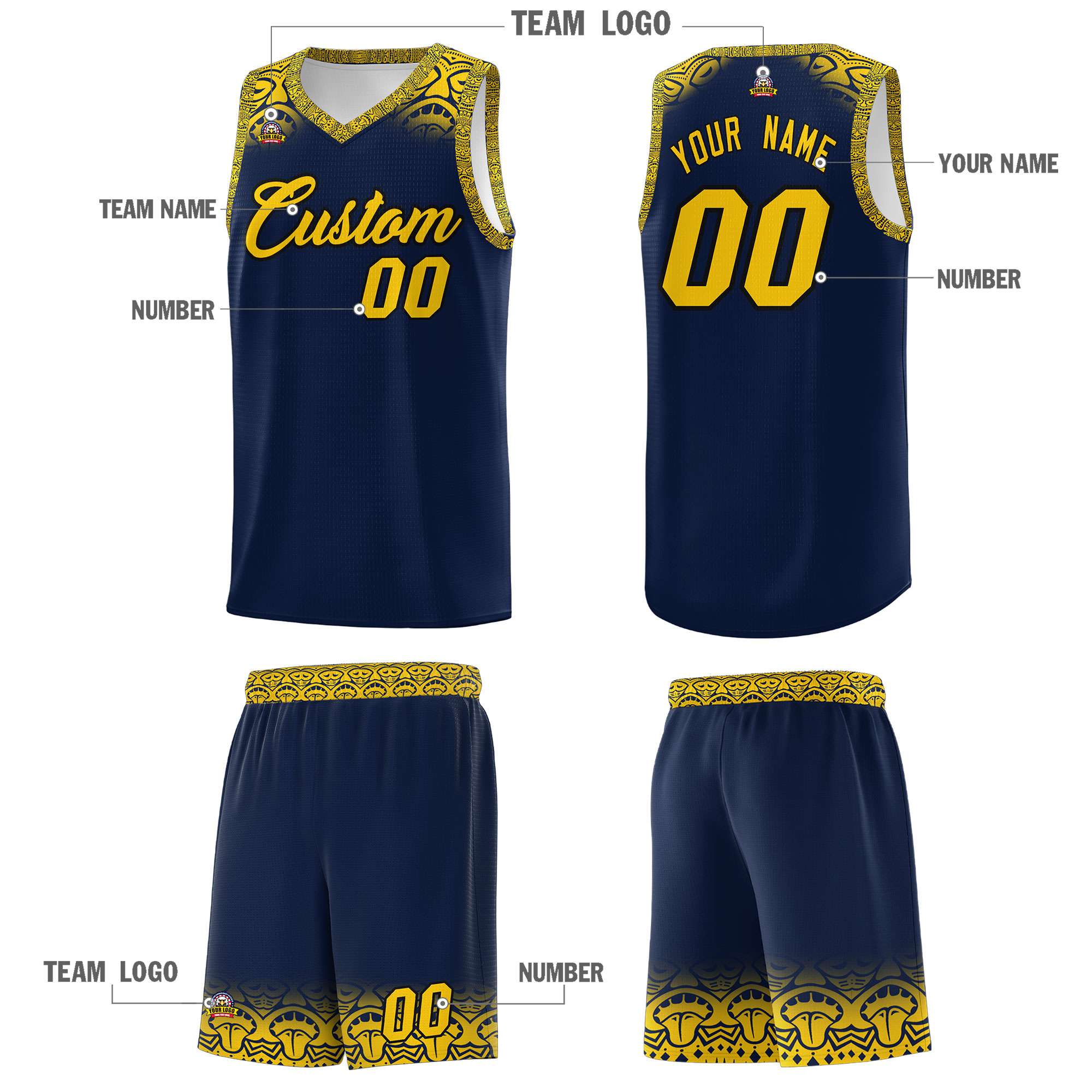 Custom Navy Gold Personalized Indians Print Kits Sports Uniform Basketball Jersey|KXKSHOP