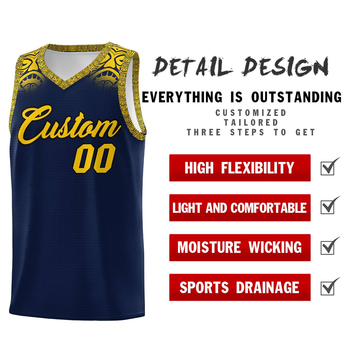 Custom Navy Gold Personalized Indians Print Kits Sports Uniform Basketball Jersey|KXKSHOP