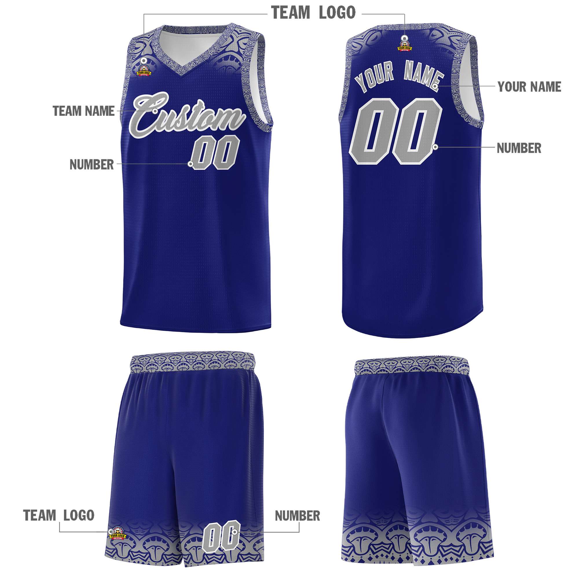 Custom Royal Gray Personalized Indians Print Kits Sports Uniform Basketball Jersey|KXKSHOP